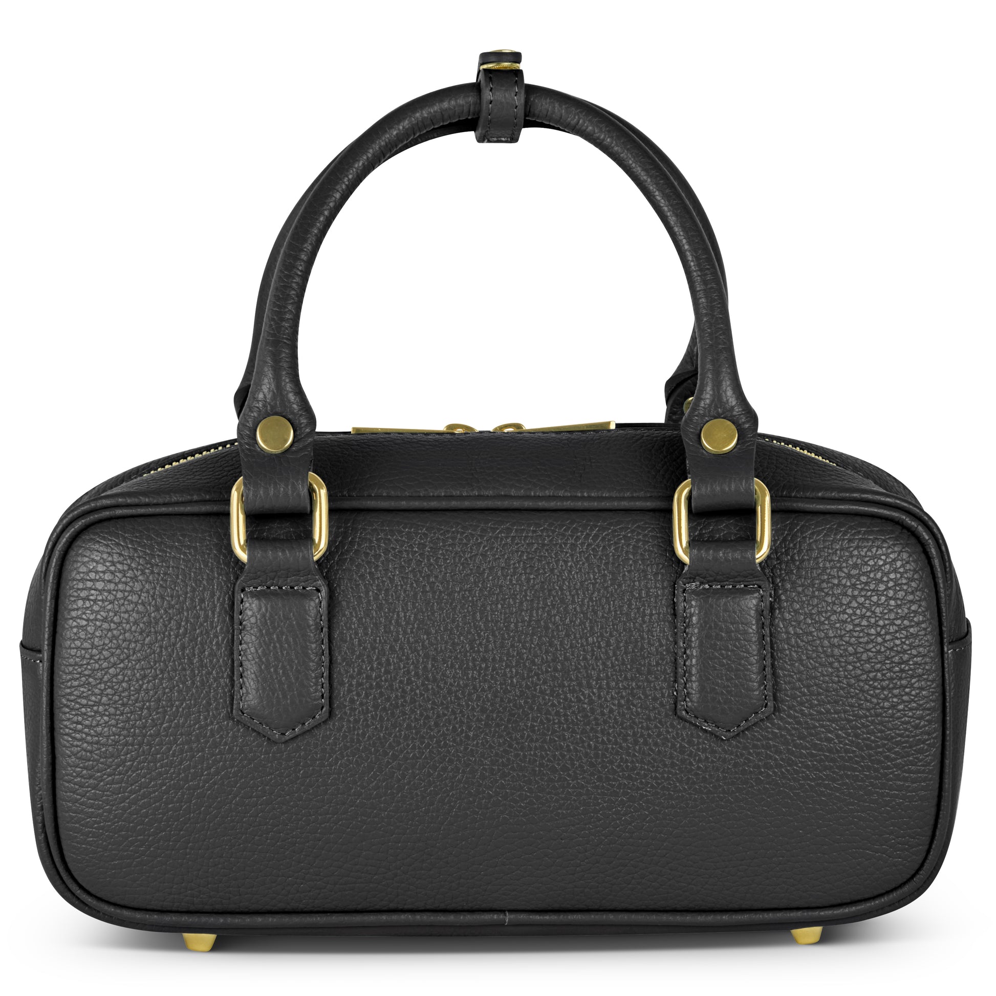A black Italian leather handbag with gold hardware, two handles, and a pebbled texture is displayed against a white background.