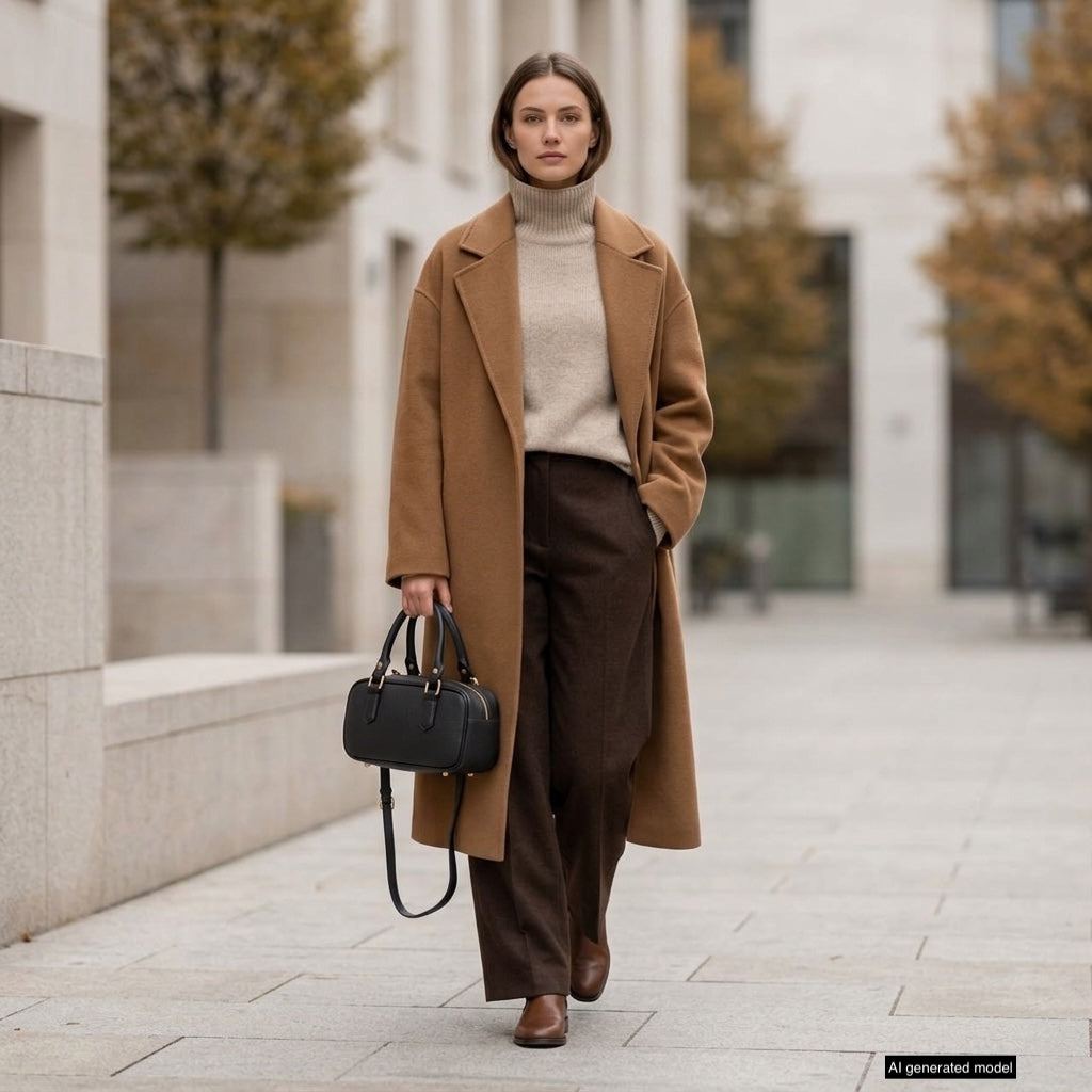 A woman in a tan coat, beige turtleneck, and brown pants walks outdoors on a city sidewalk, carrying a minimalist structured bag. Autumn trees and modern buildings are in the background.
