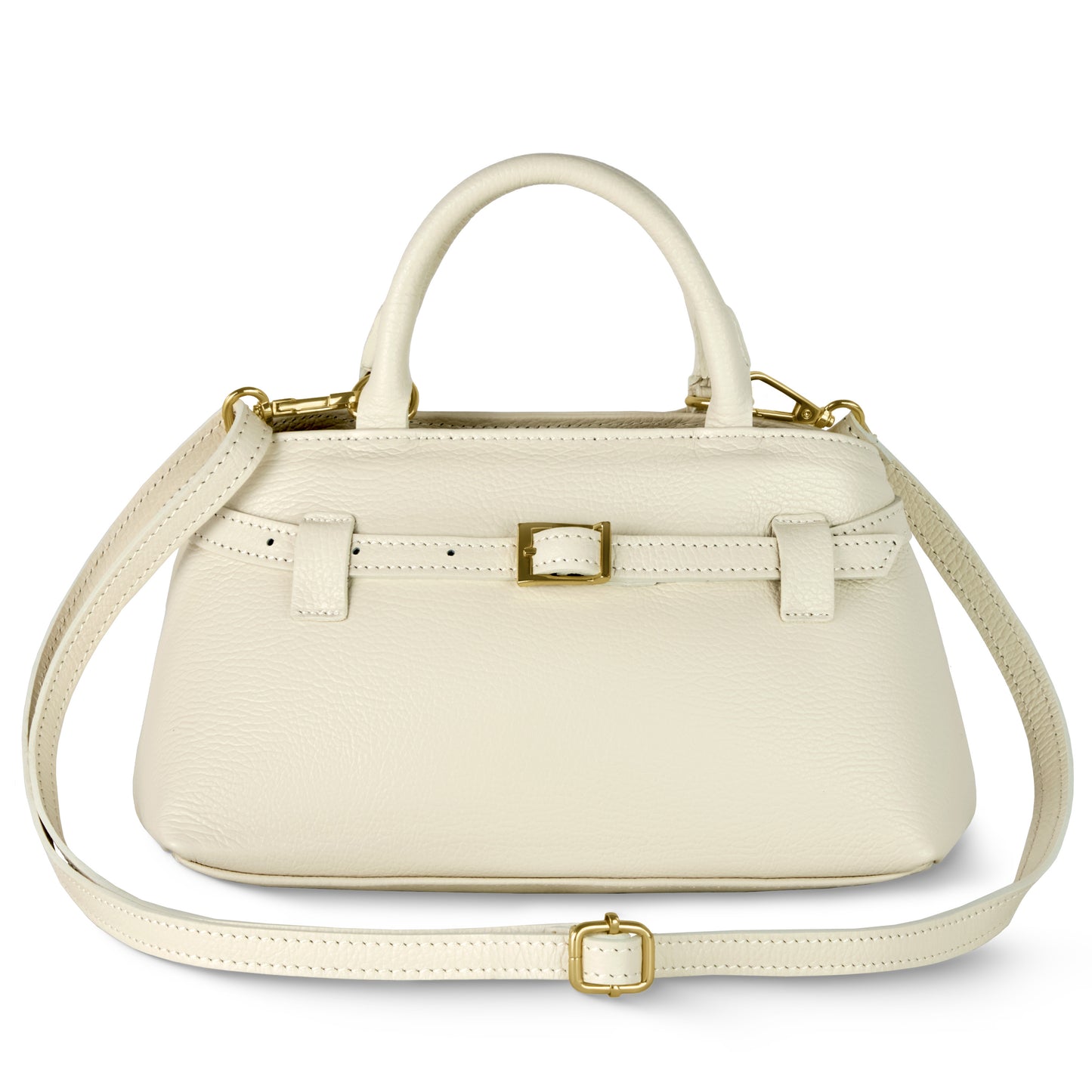 A cream-colored Italian leather handbag with a top handle, gold hardware, and an adjustable shoulder strap. Handmade in Italy, this minimalism handbag features a decorative belt detail on the front with a small gold buckle.