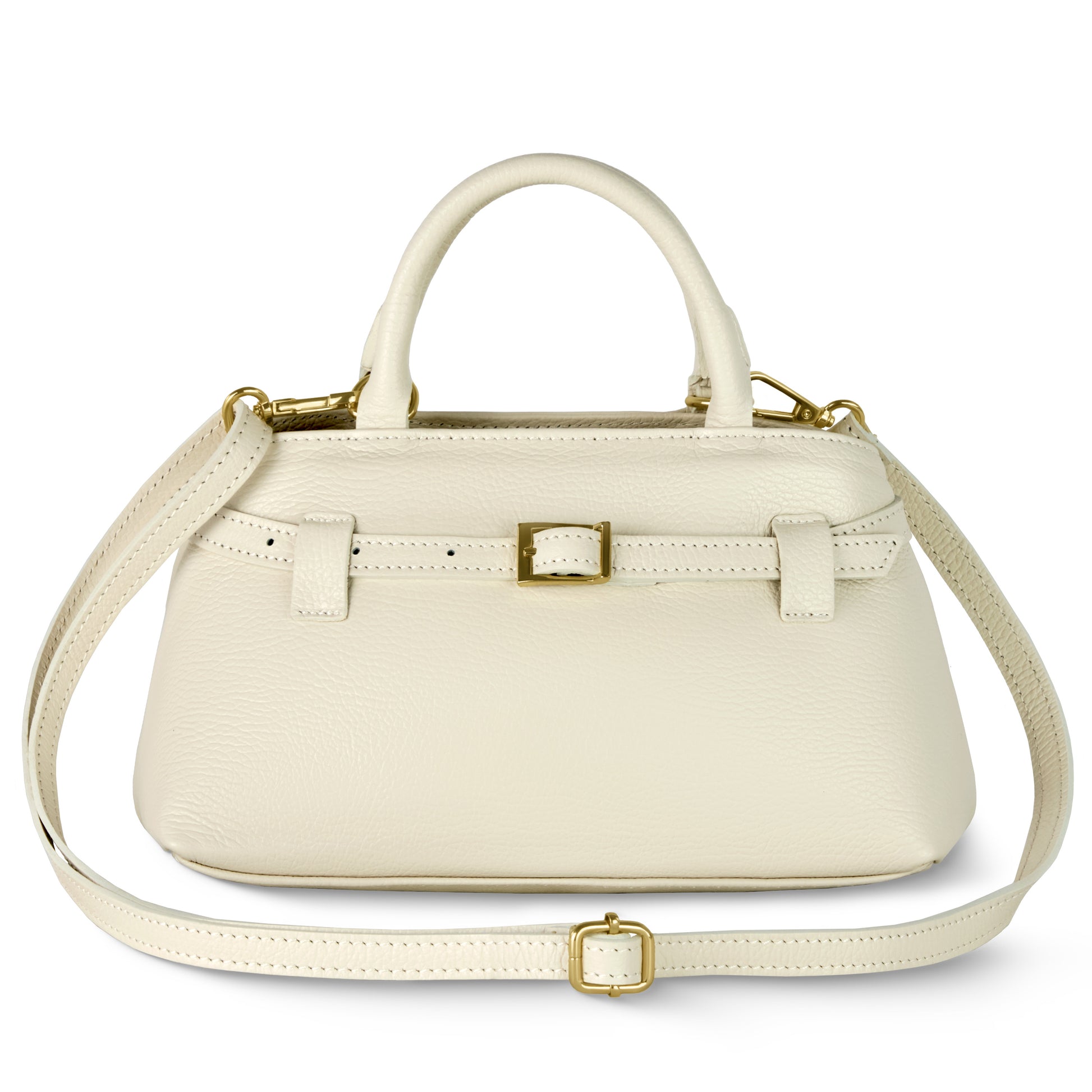 A cream-colored Italian leather handbag with a top handle, gold hardware, and an adjustable shoulder strap. Handmade in Italy, this minimalism handbag features a decorative belt detail on the front with a small gold buckle.