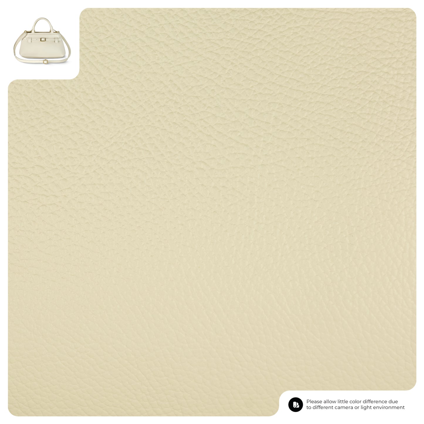 A close-up of beige textured leather with a small image of a matching minimalist handbag handmade in Italy in the top left corner; text at the bottom notes possible color differences due to lighting or cameras.
