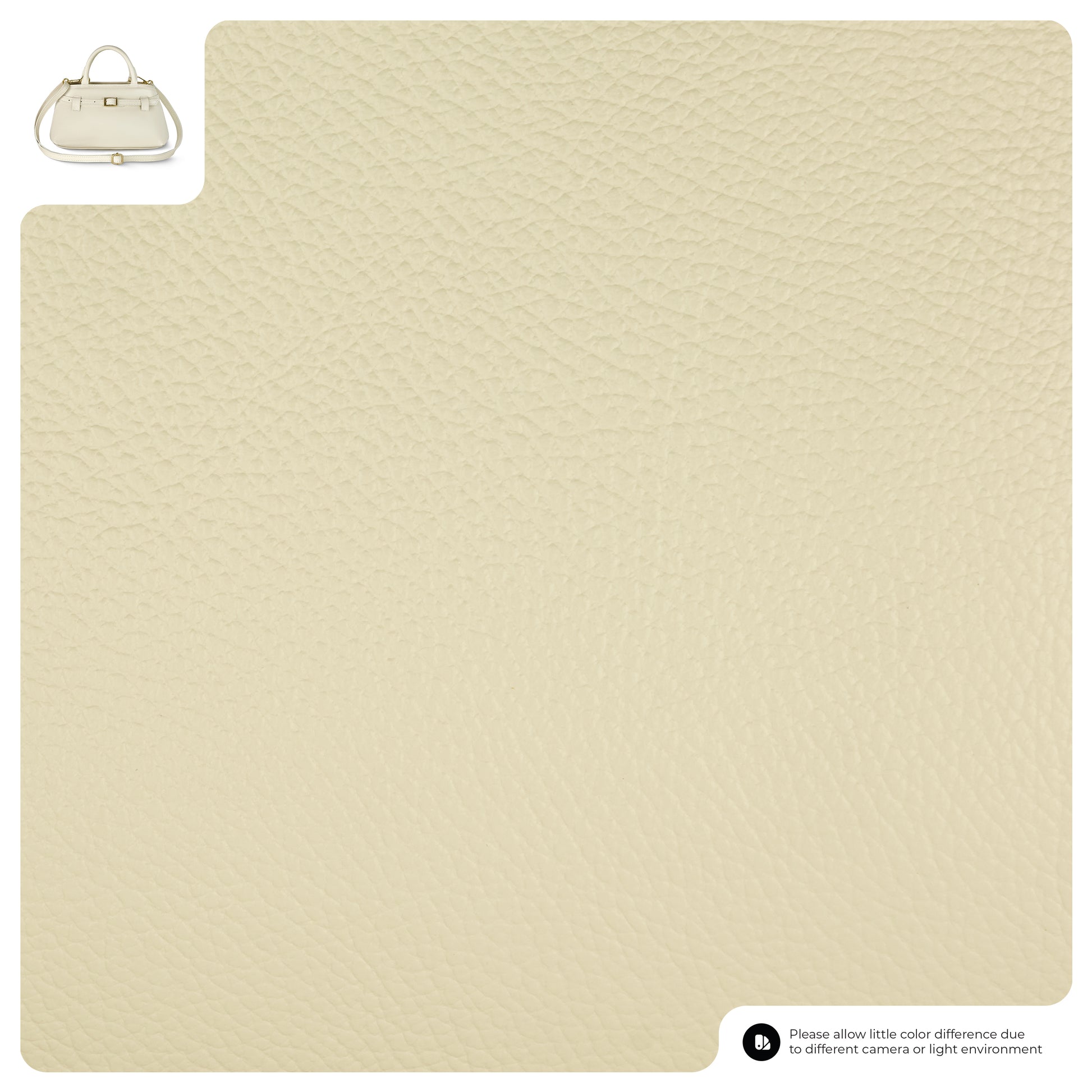 A close-up of beige textured leather with a small image of a matching minimalist handbag handmade in Italy in the top left corner; text at the bottom notes possible color differences due to lighting or cameras.