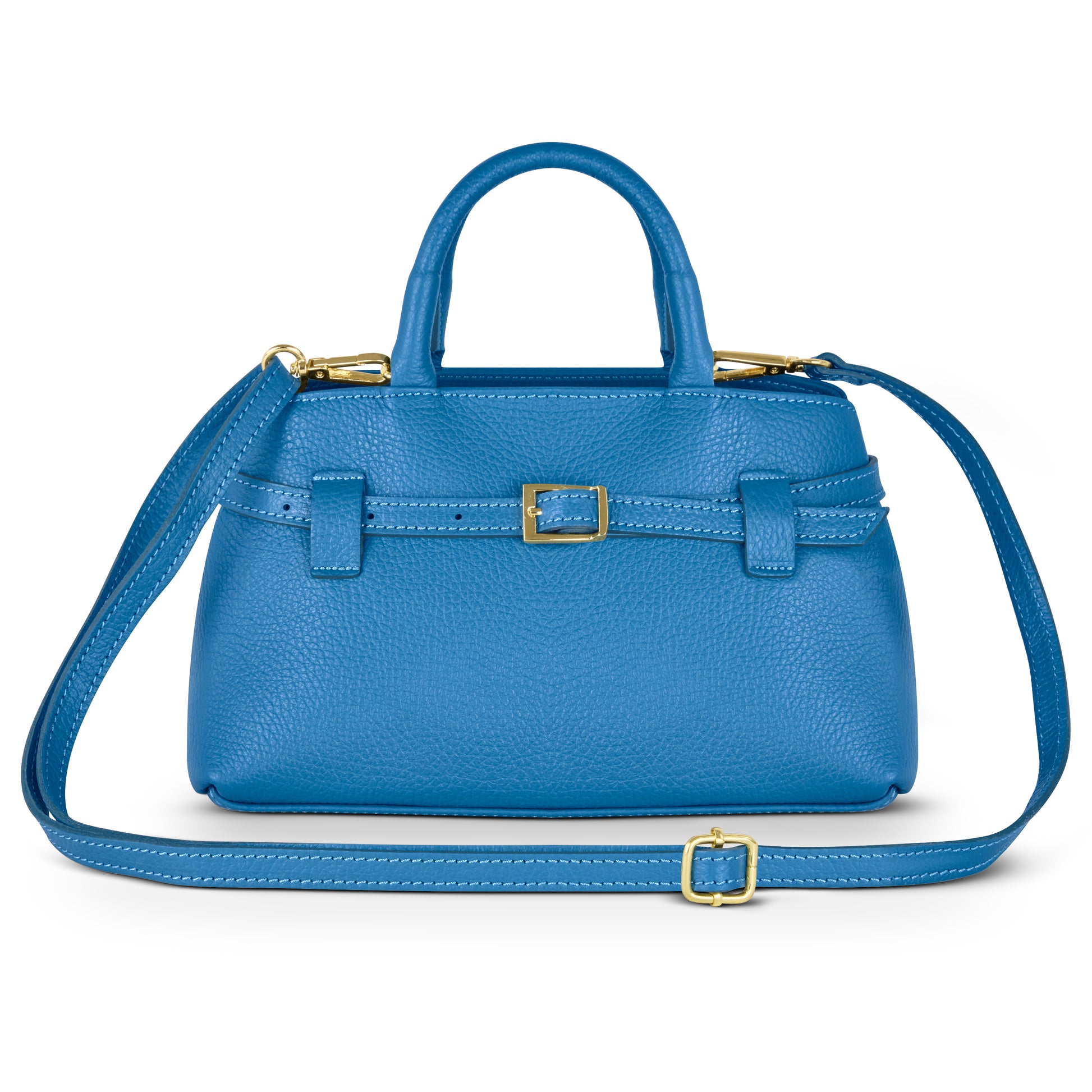 A blue Italian leather handbag with gold buckles, two handles, and a long adjustable shoulder strap, handmade in Italy and shown against a white background.