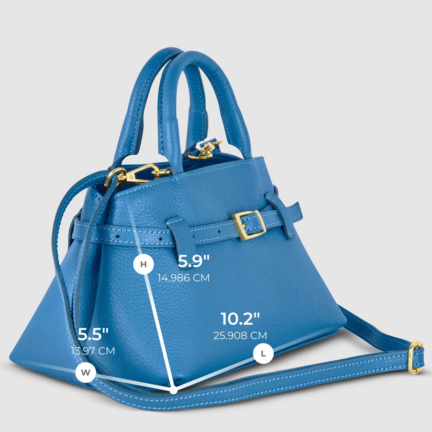 A small blue Italian leather handbag with gold hardware and a detachable strap is shown on a light background. Handmade in Italy, its dimensions are labeled: 5.5 wide, 5.9 high, and 10.2 long.