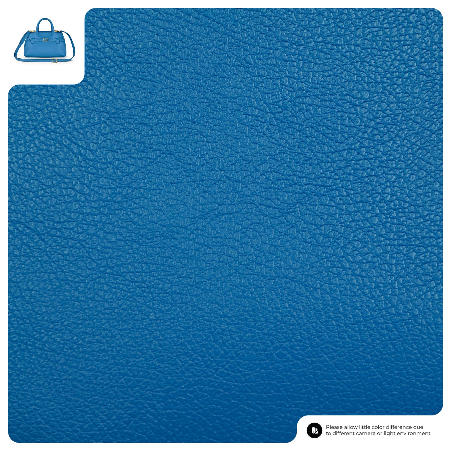 Close-up view of textured blue leather material, featuring a small image of an Italian leather handbag in the upper left corner, and a note about possible color differences in the bottom right.