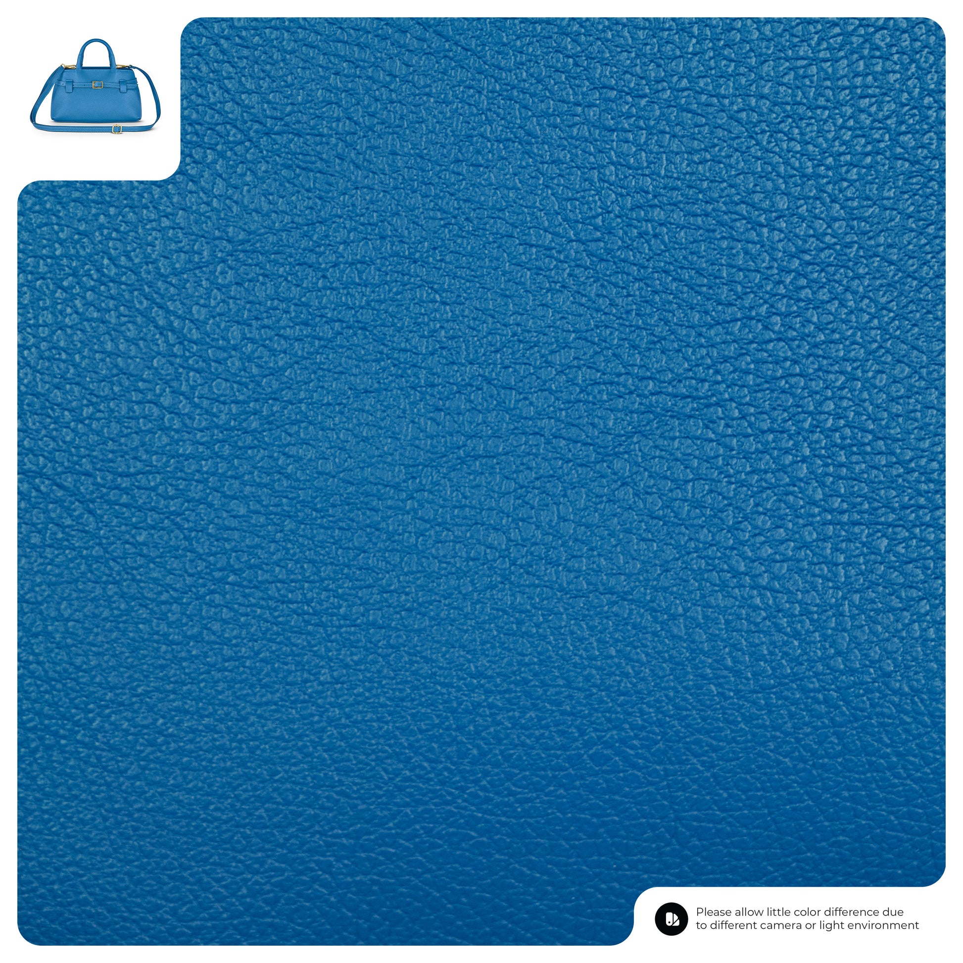 Close-up view of textured blue leather material, featuring a small image of an Italian leather handbag in the upper left corner, and a note about possible color differences in the bottom right.