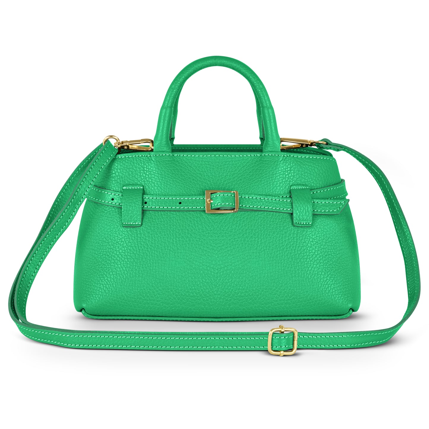 A green Italian leather handbag with a gold buckle, long adjustable shoulder strap, two short handles, and textured surface, handmade in Italy and shown against a white background.