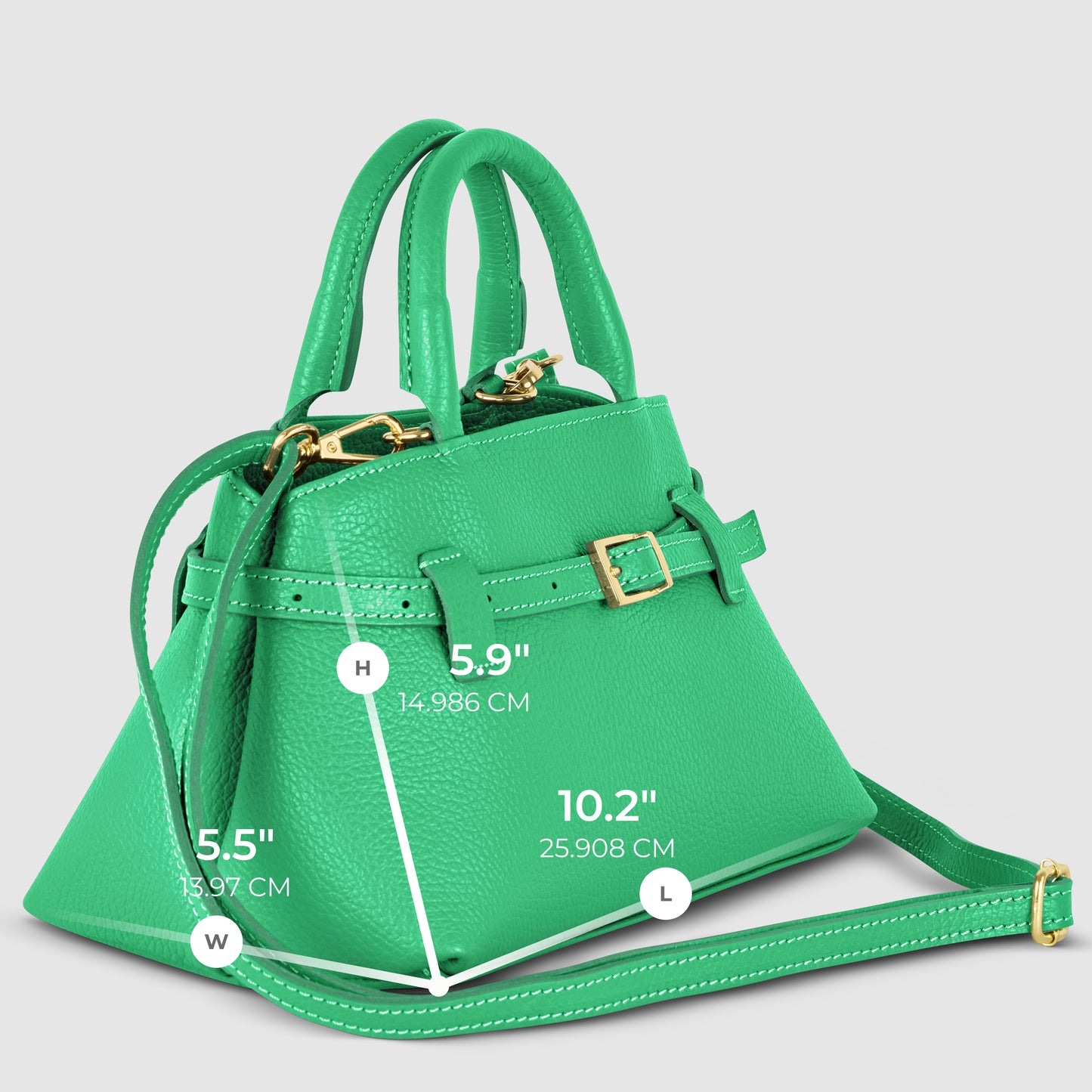 A small green Italian leather handbag with gold hardware and a detachable strap is displayed. Measurements are shown: height 5.9 (14.986 cm), width 5.5 (13.97 cm), and length 10.2 (25.908 cm).