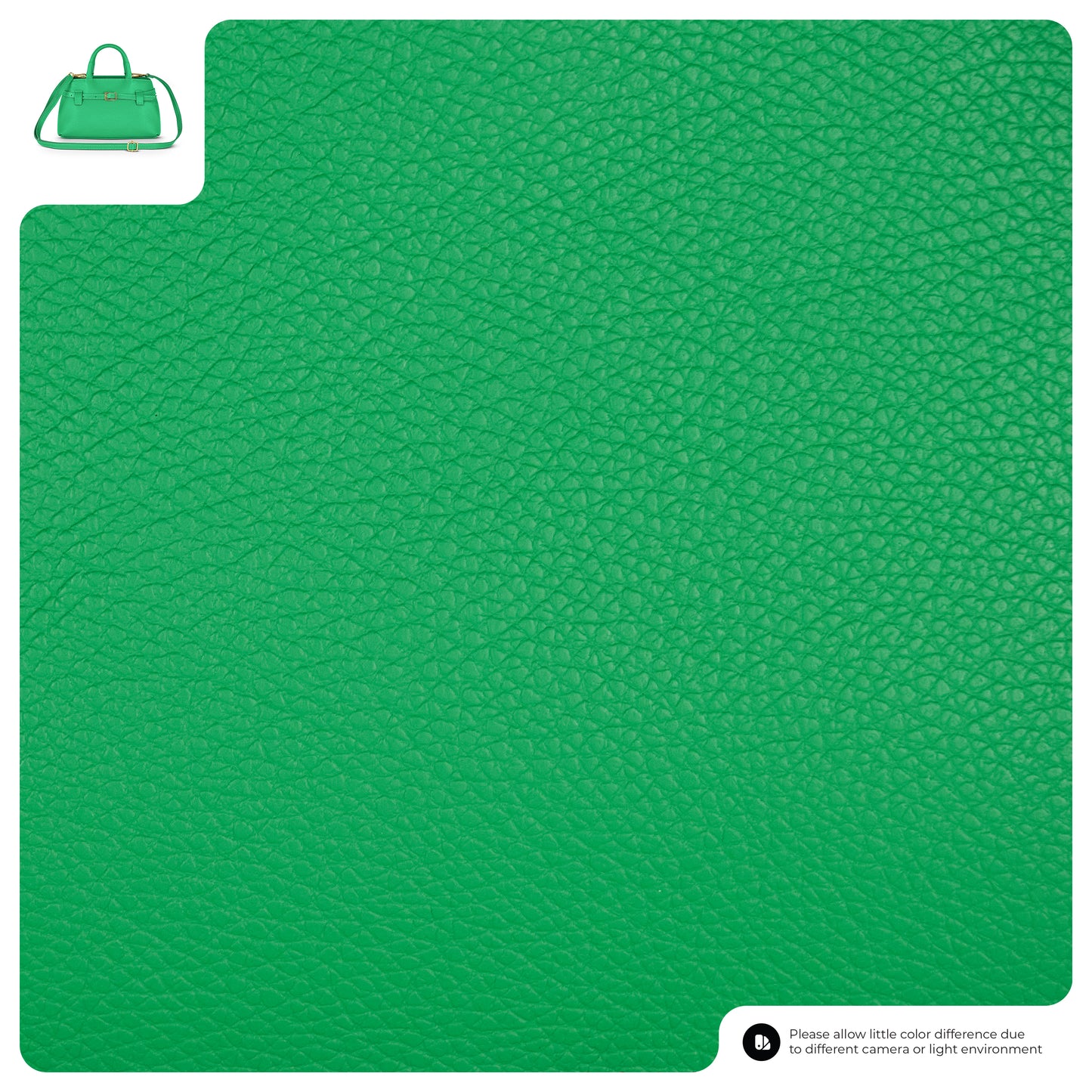Close-up of textured green Italian leather with a small inset image of a minimalist handbag in the top left corner. Text at the bottom notes possible color differences due to cameras or lighting.