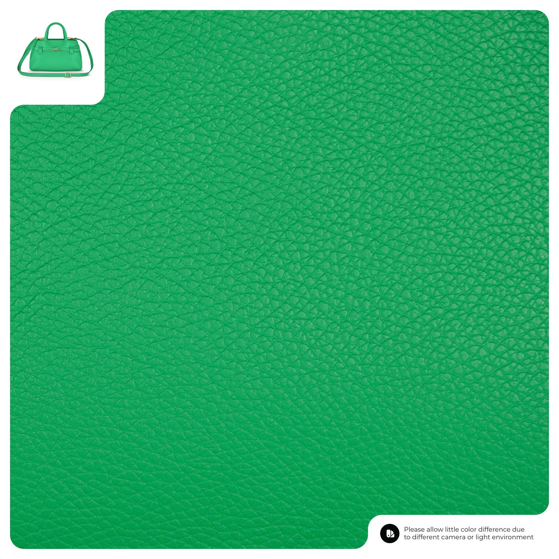Close-up of textured green Italian leather with a small inset image of a minimalist handbag in the top left corner. Text at the bottom notes possible color differences due to cameras or lighting.