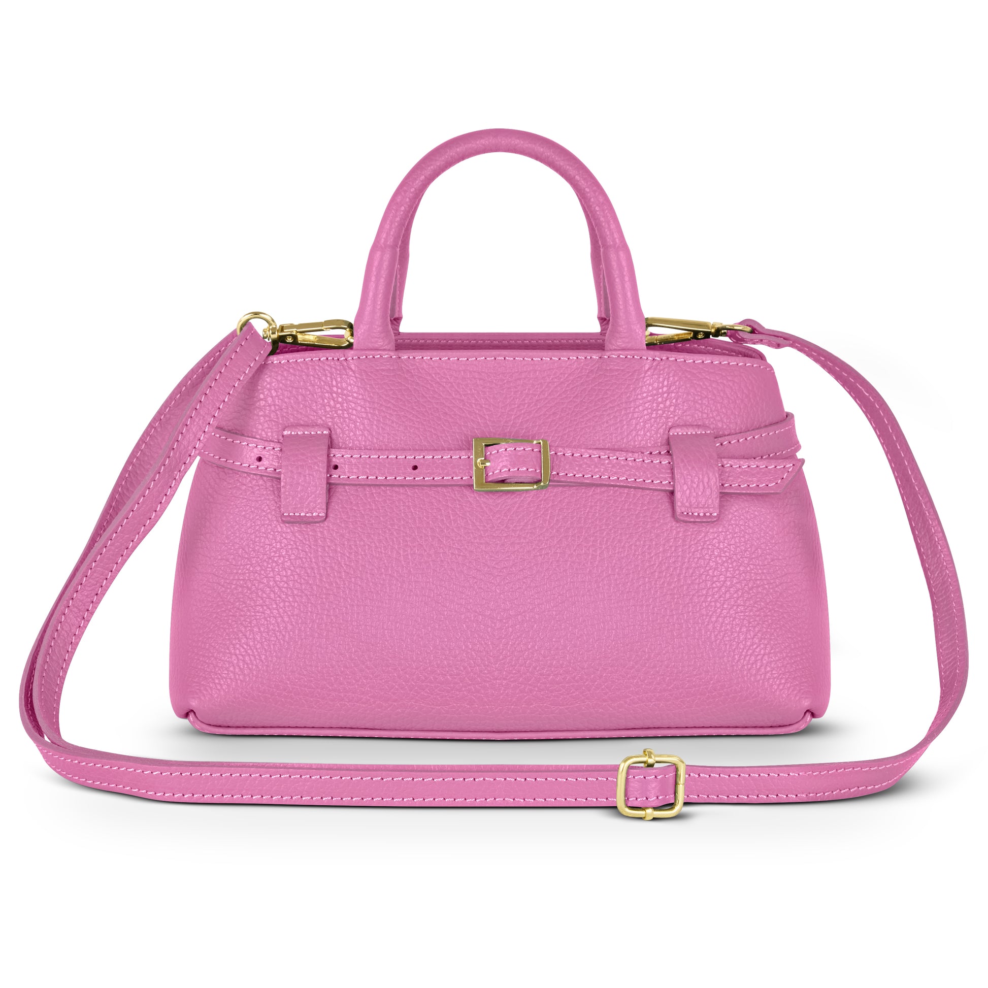 A pink handbag with gold hardware, textured surface, two handles, front buckle, and an adjustable shoulder strap—blending classic style with minimalist elegance.