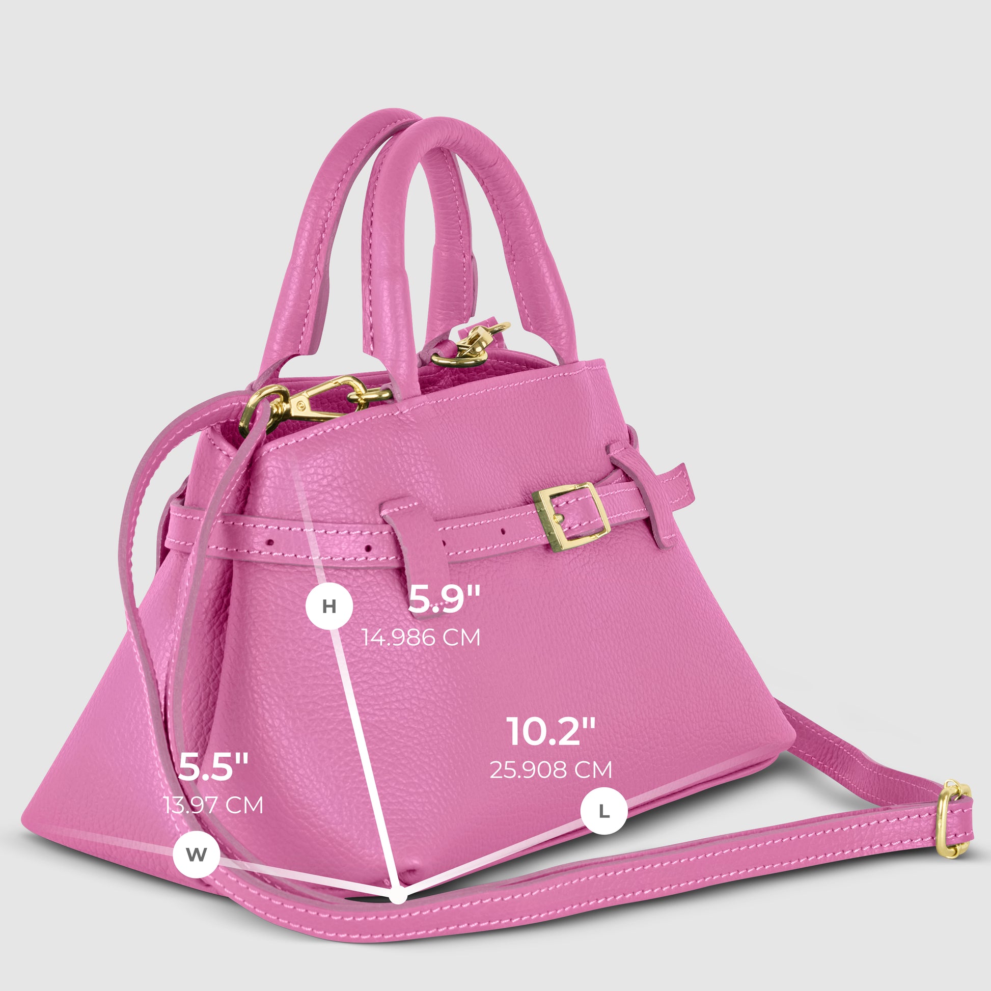 A minimalist Italian leather handbag in pink with gold hardware and a shoulder strap, shown on a light background. Dimensions: 5.5 wide, 5.9 high, and 10.2 long (13.97 cm, 14.986 cm, 25.908 cm).