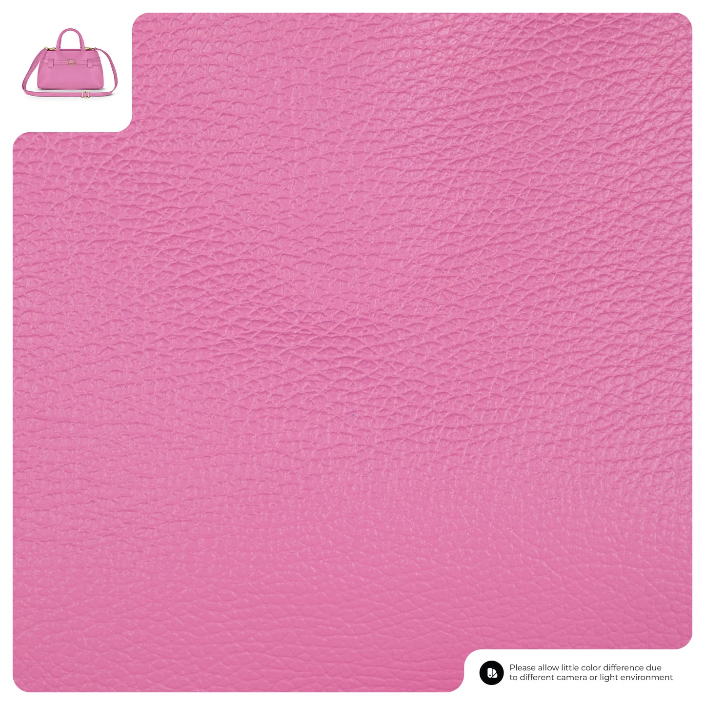 A close-up of textured pink leather with a small image of a pink minimalist handbag in the top left corner, illustrating the handmade in Italy material used for the bag.
