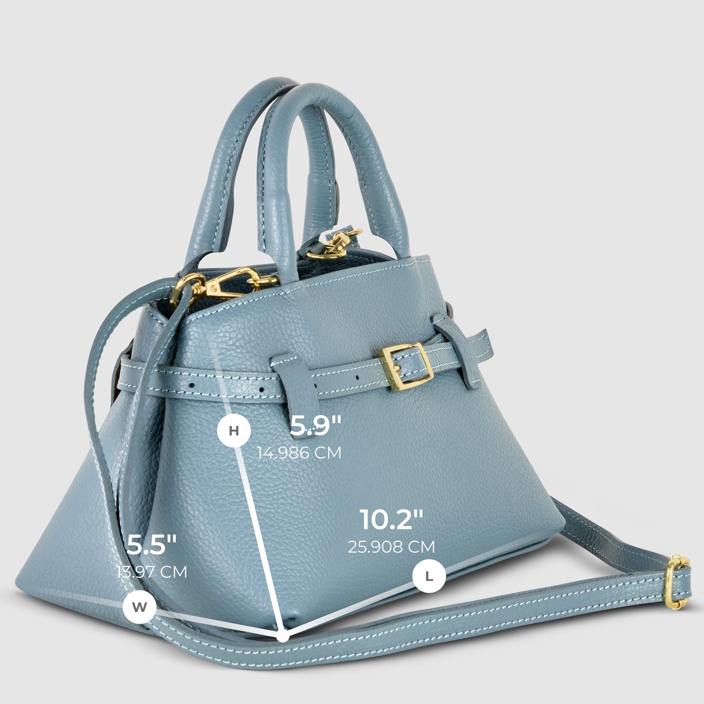 A blue Italian leather handbag with gold hardware, featuring a handle and a shoulder strap. Handmade in Italy, the bag’s dimensions are labeled: height 5.9 inches, width 5.5 inches, and length 10.2 inches.