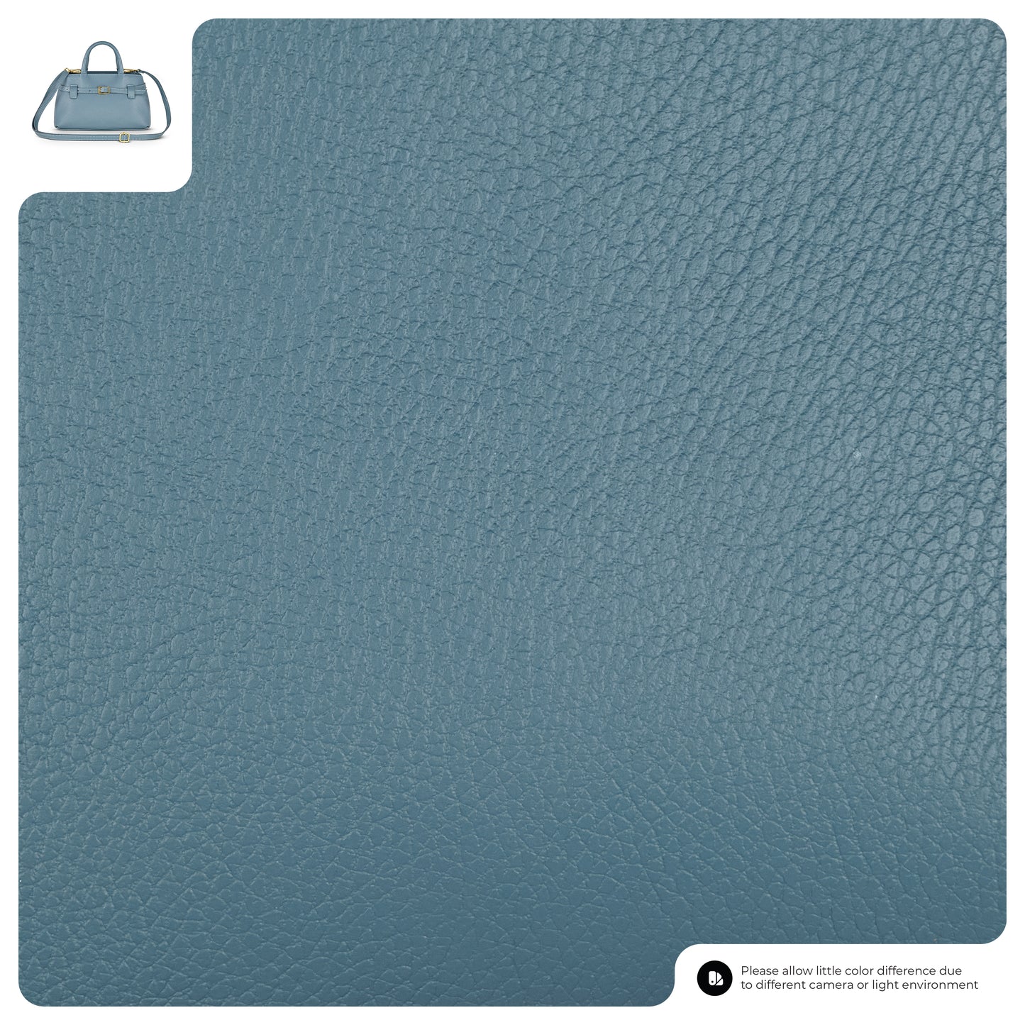 Close-up of blue textured Italian leather with a small image of a minimalist handbag in the top left, showing the style handmade in Italy. A note about color differences appears in the bottom right.