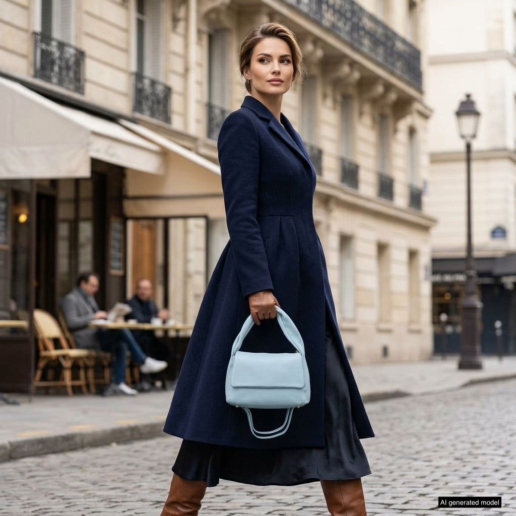 A woman in a navy coat and brown boots holds a medium rectangular handbag, crafted from genuine calf leather, while walking on a cobblestone street with Parisian-style buildings and a lively café scene in the background.