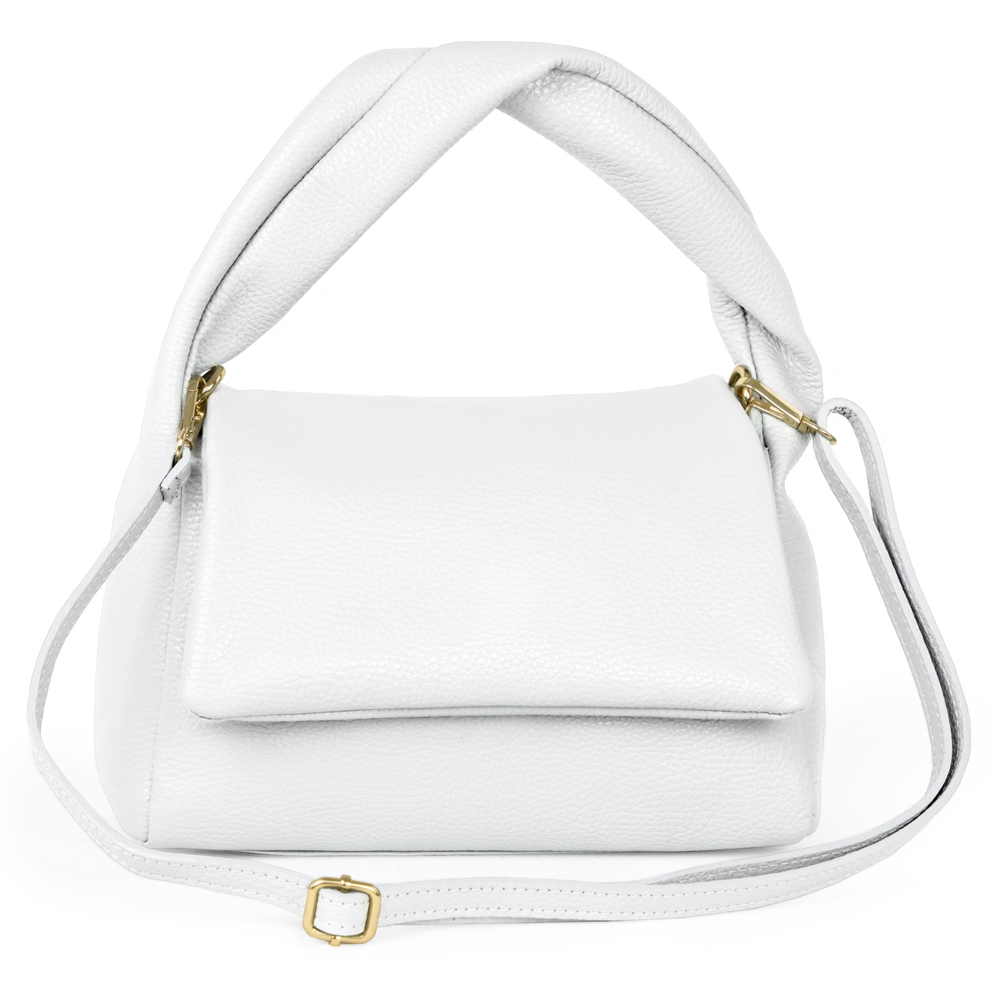 A white Italian leather bag featuring a twisted top handle, flap closure, and adjustable shoulder strap, handmade in Italy and displayed against a white background.