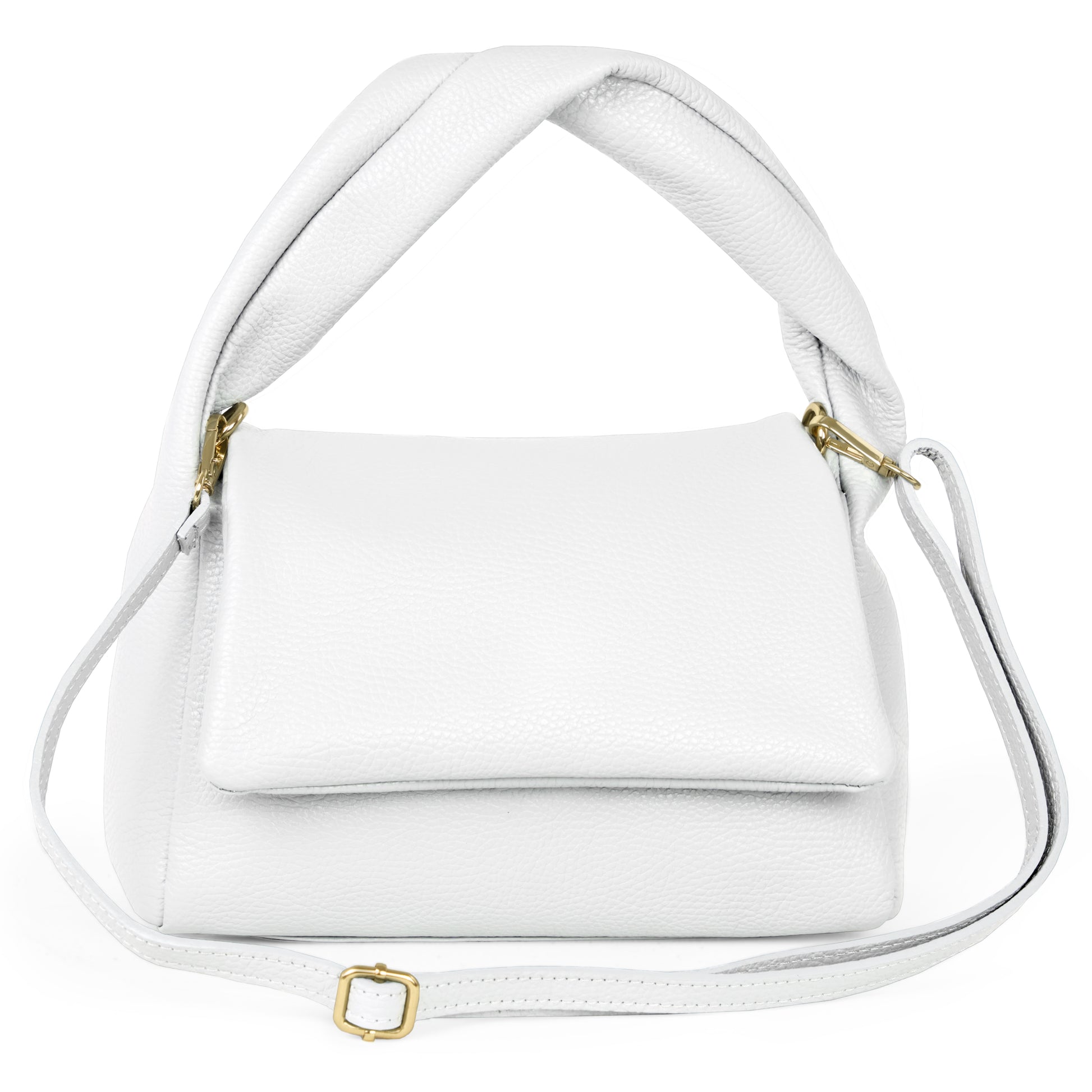 A white Italian leather bag featuring a twisted top handle, flap closure, and adjustable shoulder strap, handmade in Italy and displayed against a white background.