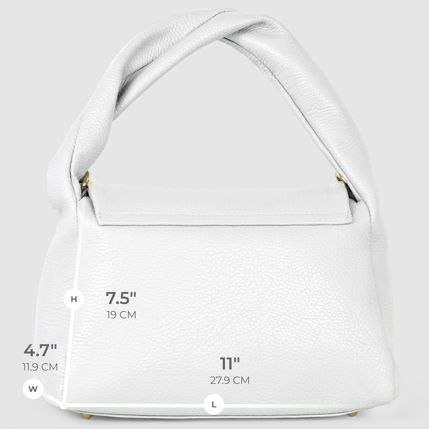 A white Italian leather handbag with a twisted handle is shown against a light gray background. Handmade in Italy, this bag measures 7.5 (19 cm) high, 11 (27.9 cm) long, and 4.7 (11.9 cm) wide, and includes an optional crossbody strap.