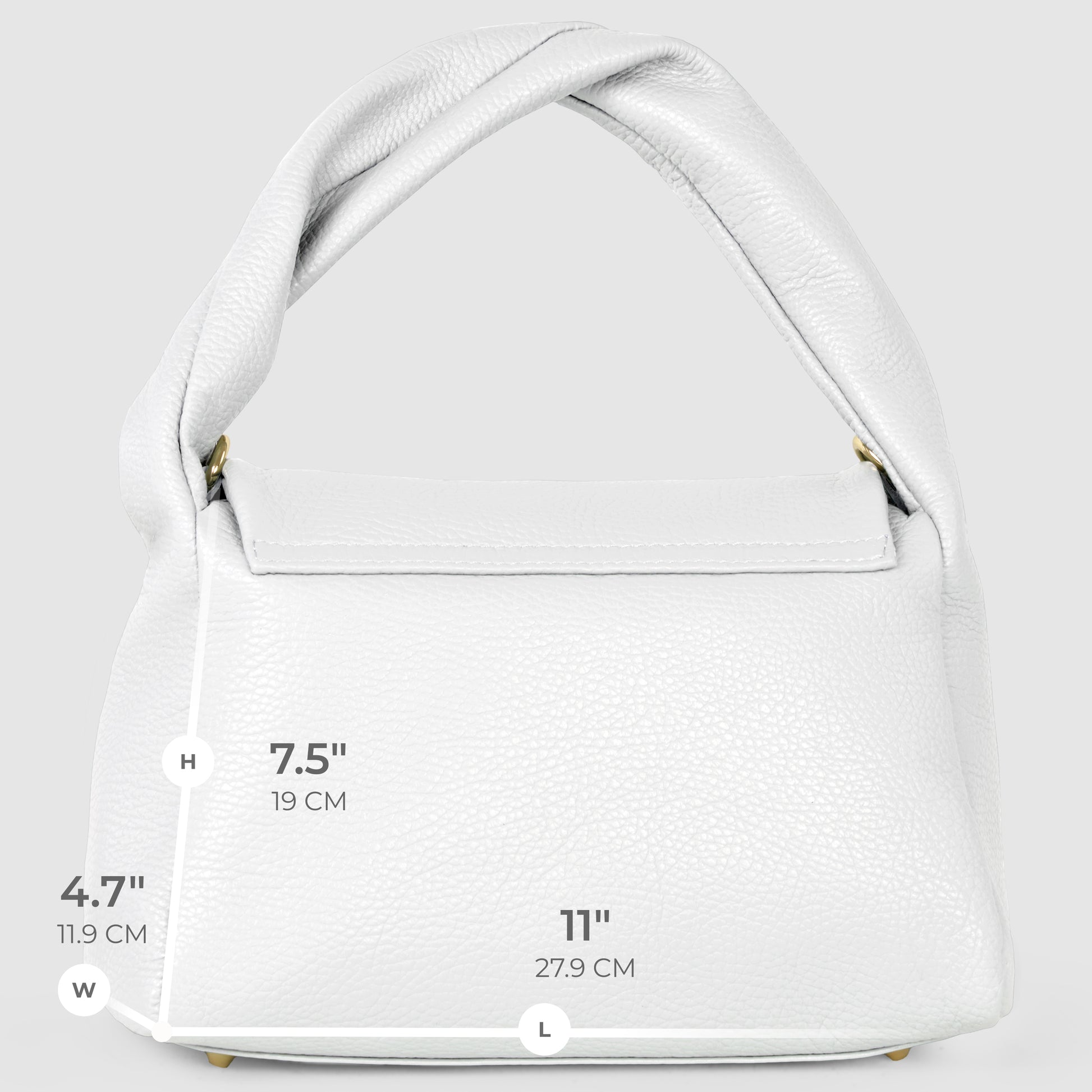 A white Italian leather handbag with a twisted handle is shown against a light gray background. Handmade in Italy, this bag measures 7.5 (19 cm) high, 11 (27.9 cm) long, and 4.7 (11.9 cm) wide, and includes an optional crossbody strap.