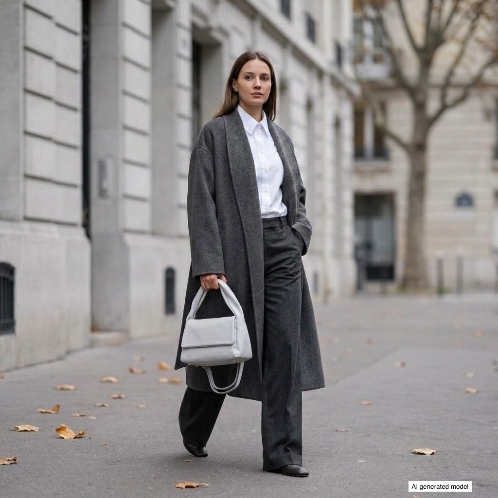 A woman walks on a city sidewalk in a long gray coat, white shirt, and dark trousers. She carries a medium rectangular handbag made of genuine calf leather from Italy; fallen leaves cover the ground as tall buildings and bare trees line the street.