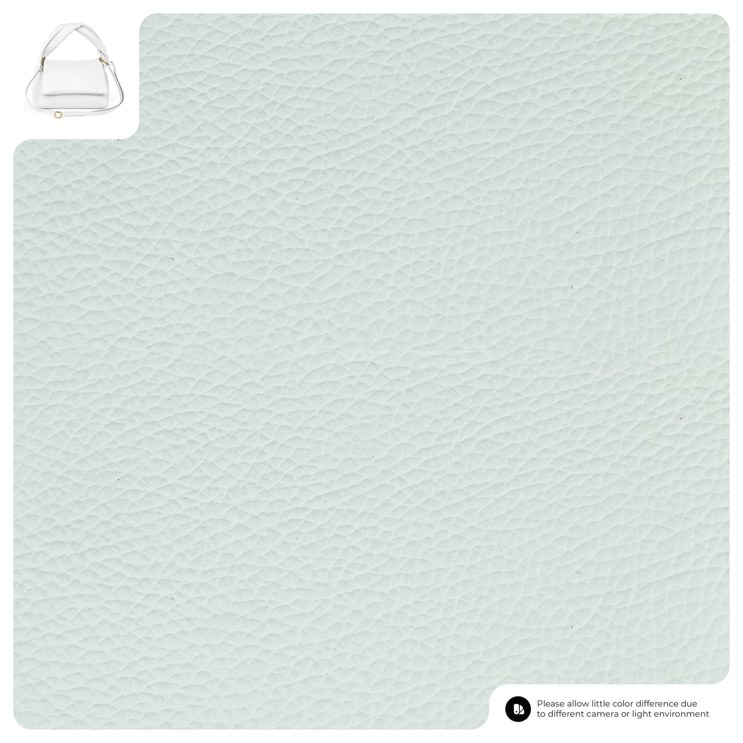 A close-up of light grey textured leather, shown as a background. In the top left corner, a small image displays a minimalist handbag handmade in Italy. A note at the bottom right mentions possible color differences due to lighting or camera settings.