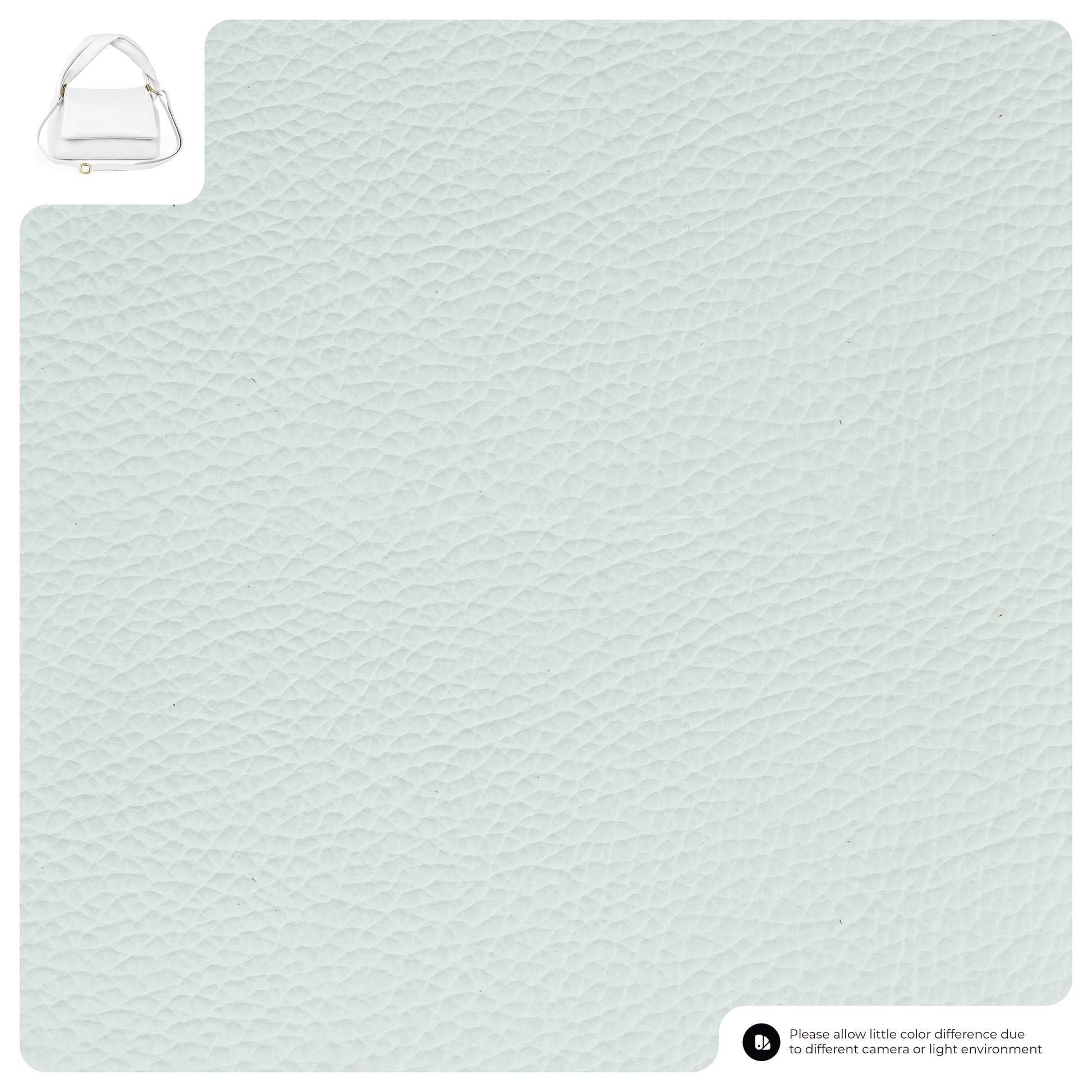 A close-up of light grey textured leather, shown as a background. In the top left corner, a small image displays a minimalist handbag handmade in Italy. A note at the bottom right mentions possible color differences due to lighting or camera settings.
