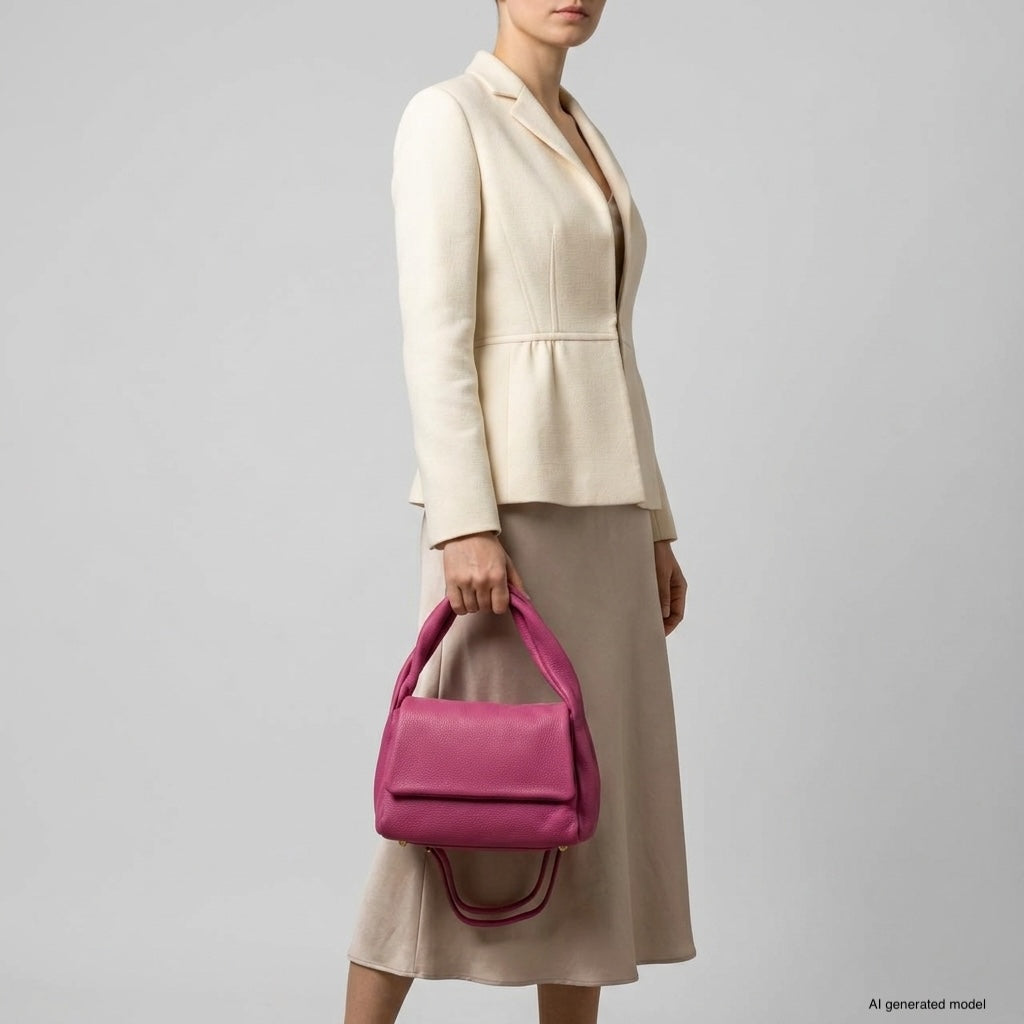 A woman in a cream blazer and skirt stands against a plain background, holding a medium rectangular handbag made of genuine calf leather. The image is minimalistic and professional, showcasing the crafted piece made in Italy.