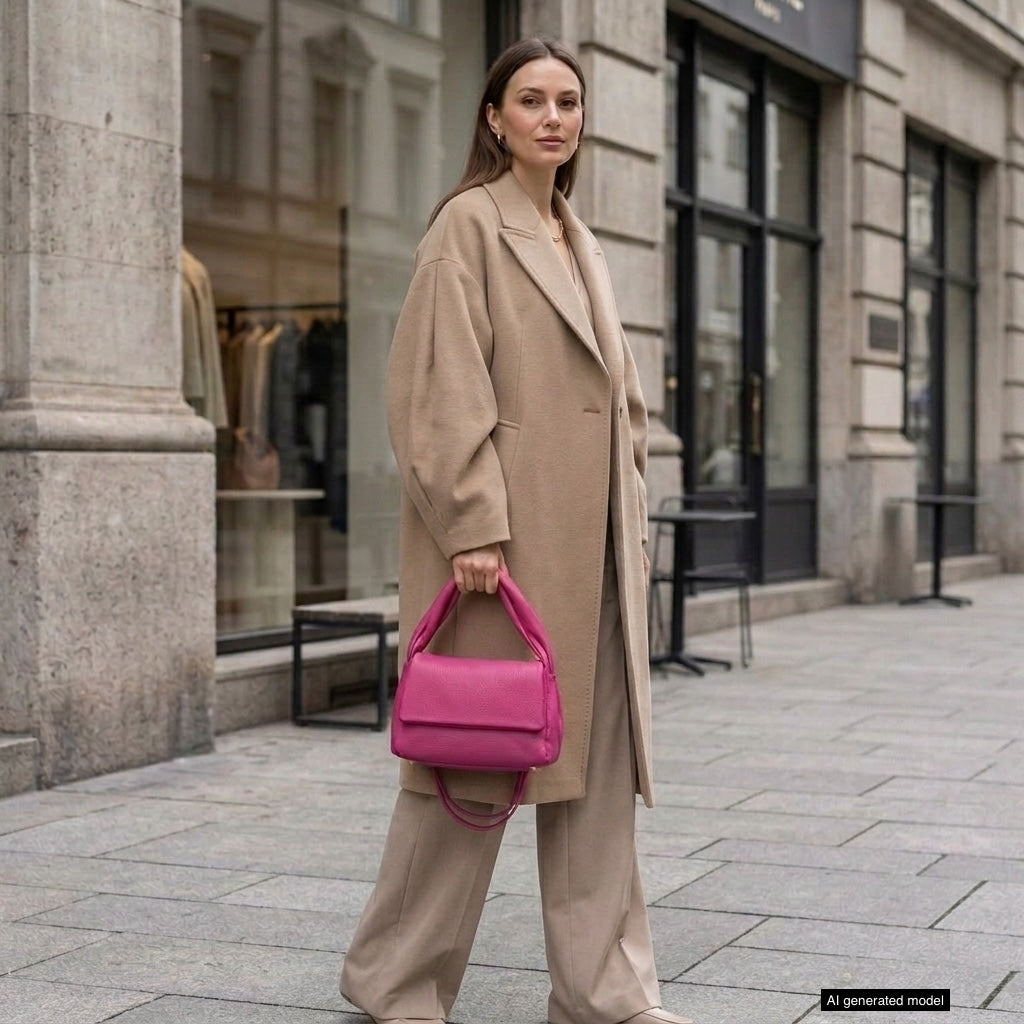 A woman wearing a long beige coat and matching pants stands on a city sidewalk, holding a bright pink medium rectangular handbag made in Italy. She looks confidently at the camera, with shop windows and stone buildings in the background.