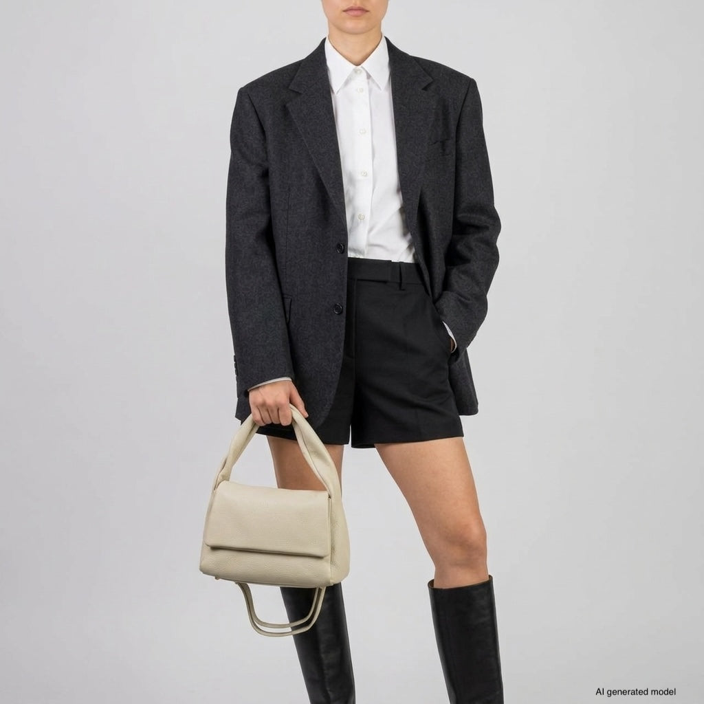A person wearing a dark blazer, white shirt, black shorts, and knee-high black boots stands holding a medium rectangular handbag made in Italy. The background is plain and light-colored.