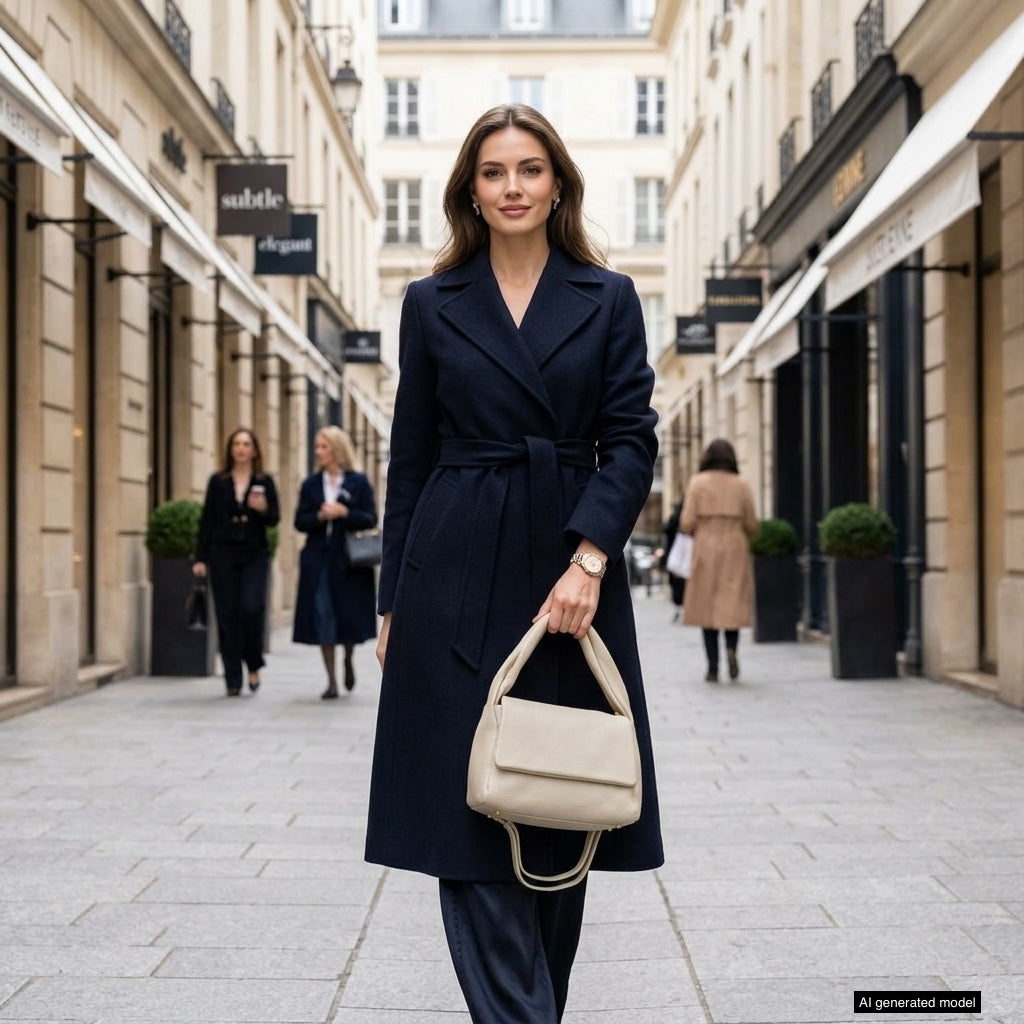 A woman in a long dark coat walks confidently down a stylish city street, holding a medium rectangular handbag made in Italy. Elegant buildings line the street, and several people walk in the background.