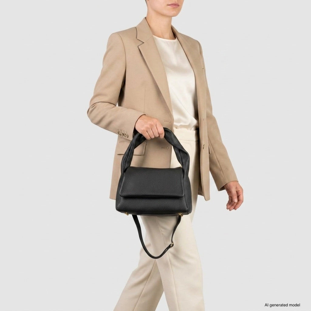 A person wearing a beige suit and white blouse holds a medium rectangular handbag crafted from genuine calf leather with both short and long straps against a plain light gray background. The person's face is partially out of frame.