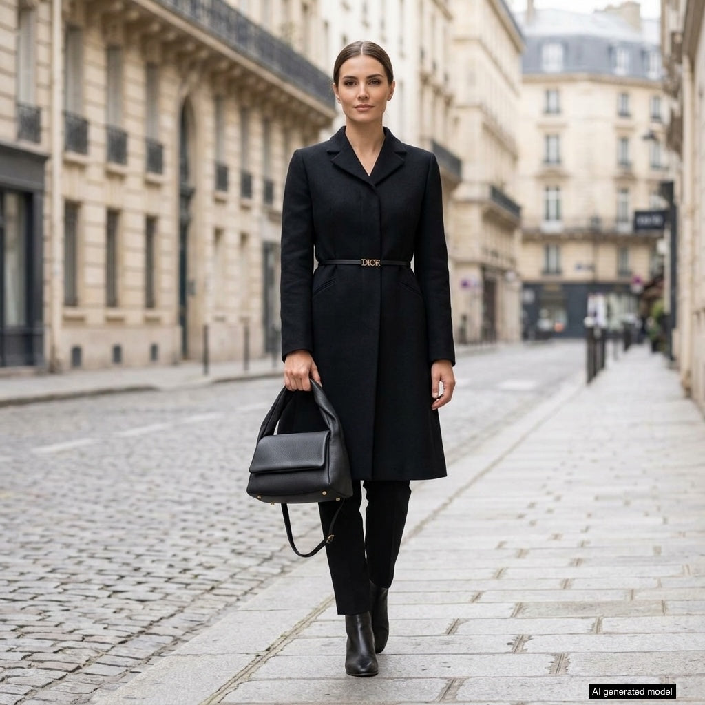 A woman wearing a black coat, black pants, and boots walks confidently down a city street, holding a medium rectangular handbag made in Italy. Elegant buildings line the cobblestone sidewalk, creating a calm and stylish scene.