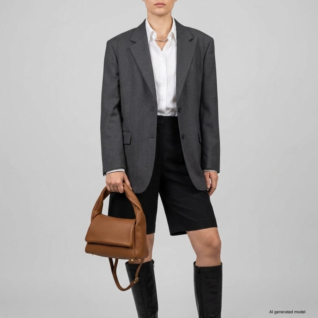 A person wearing a gray blazer, white shirt, black knee-length shorts, and black knee-high boots holds a medium rectangular handbag made in Italy against a plain light gray background.