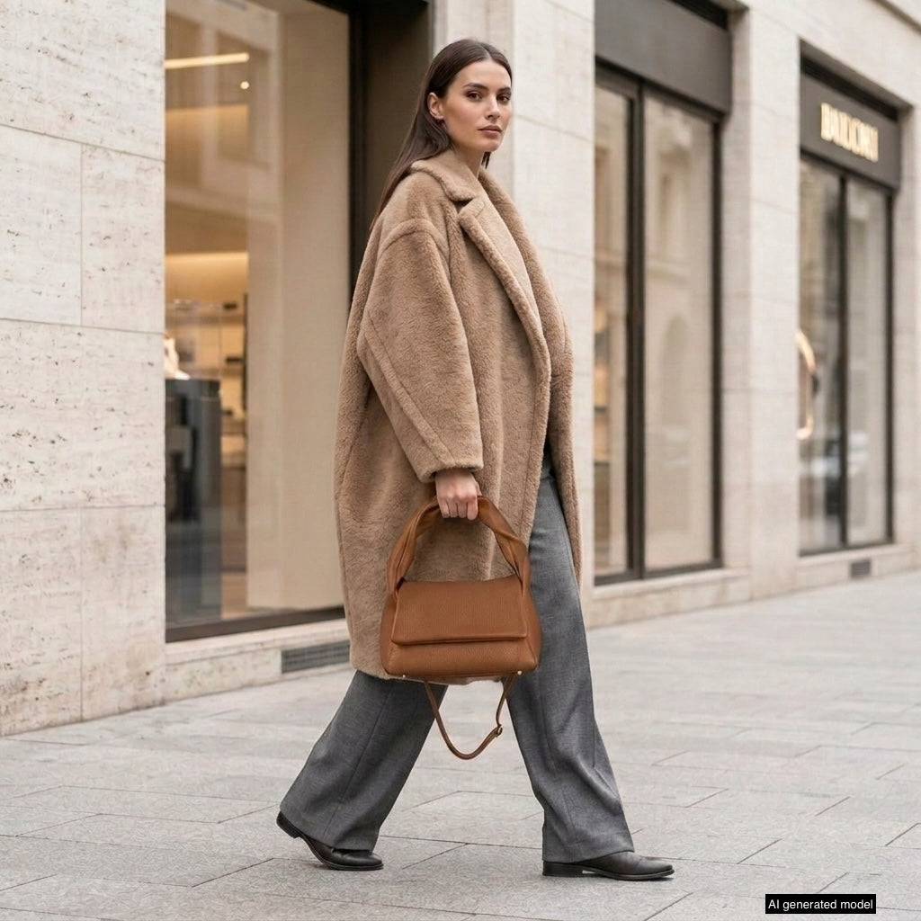 A woman in a long tan faux fur coat, gray wide-leg pants, and black shoes walks on a city sidewalk, carrying a medium rectangular handbag made in Italy. Storefronts with large windows are visible in the background.