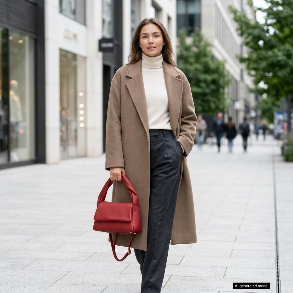 A woman wearing a tan overcoat, white turtleneck, and gray trousers walks down a city street holding a medium rectangular handbag made in Italy. Shops and trees line the sidewalk in the background.