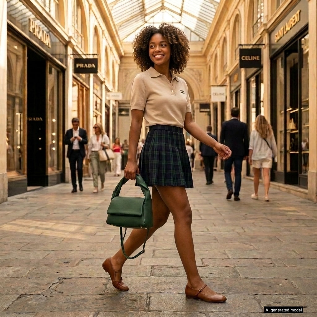 A young woman with curly hair walks confidently through a stylish indoor shopping arcade, wearing a beige polo shirt, plaid skirt, brown flats, and carrying a medium rectangular handbag made in Italy. Shoppers and luxury store signs are in the background.