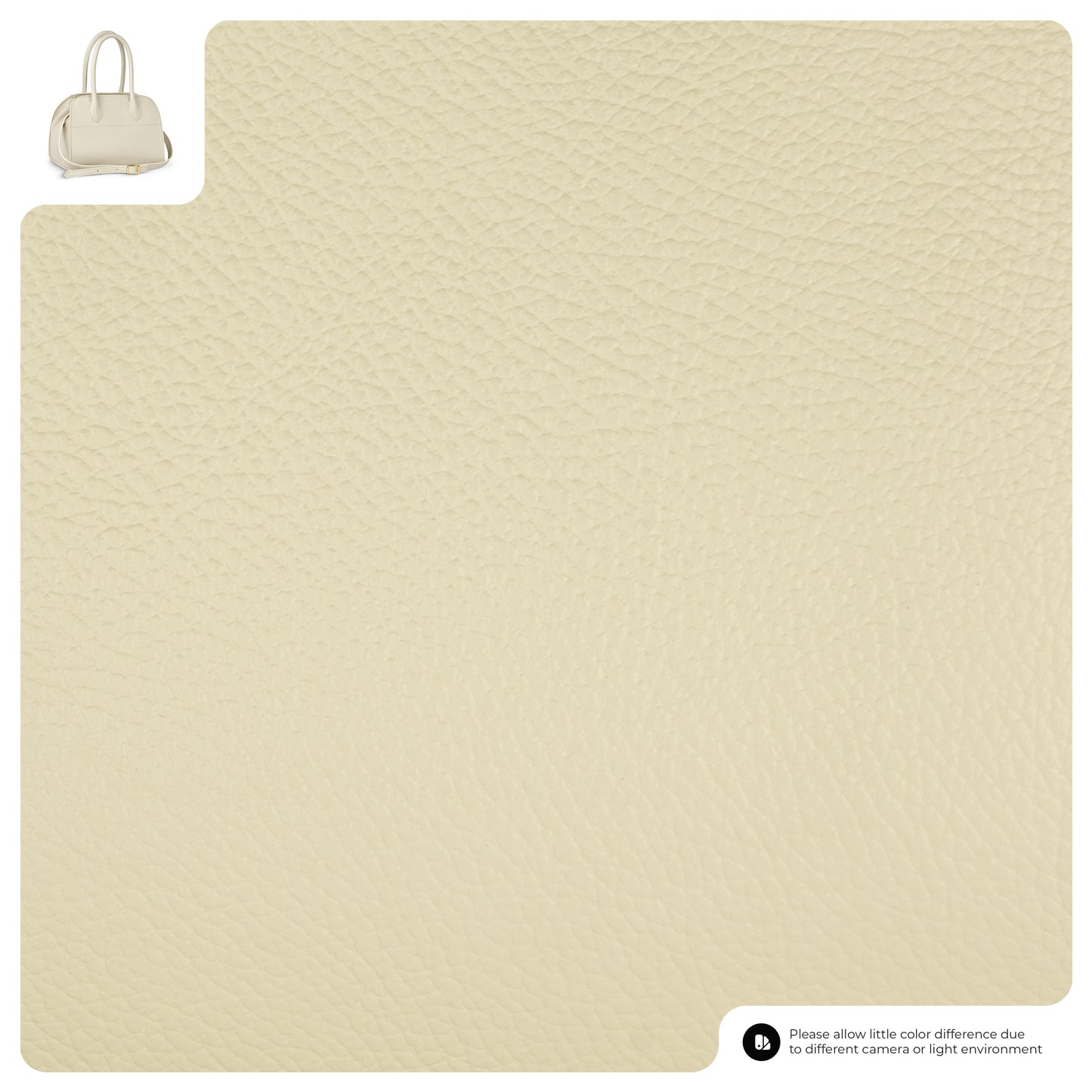 Close-up of a textured beige leather surface with a small inset image of an Italian leather handbag in the top left corner. A note in the bottom right mentions possible color differences due to lighting or camera.