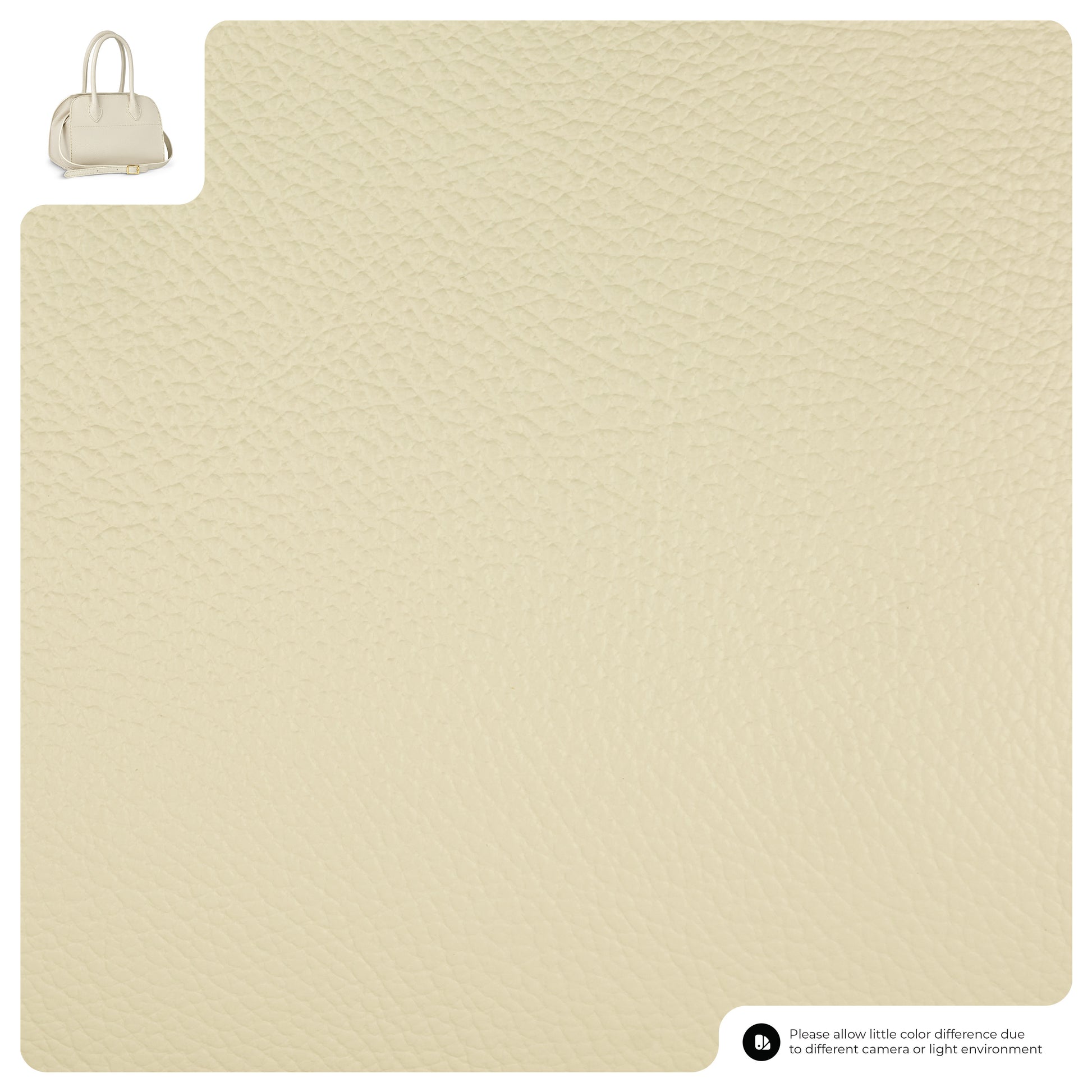 Close-up of a textured beige leather surface with a small inset image of an Italian leather handbag in the top left corner. A note in the bottom right mentions possible color differences due to lighting or camera.