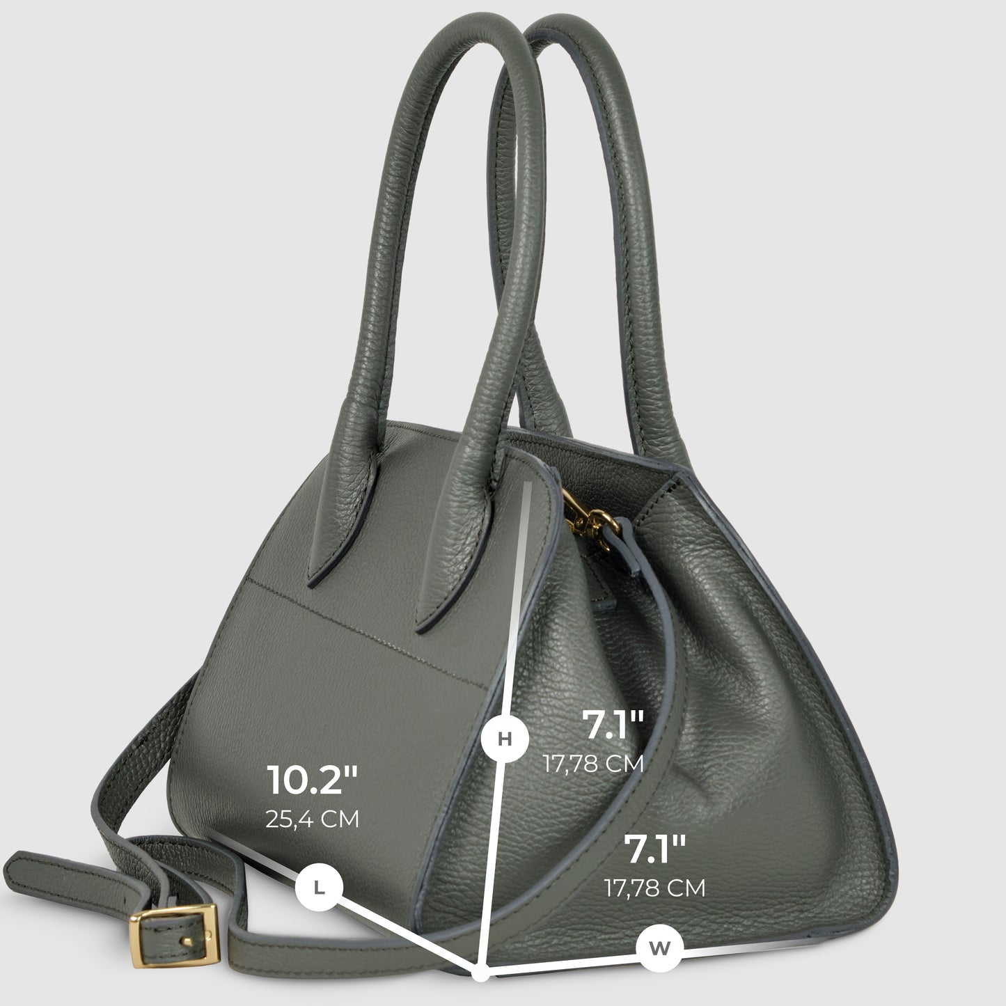A gray Italian leather handbag handcrafted in Italy, featuring a textured finish, two handles, a shoulder strap, gold hardware, and a zip closure. Dimensions: 10.2" (height), 7.1" (width), 7.1" (length).