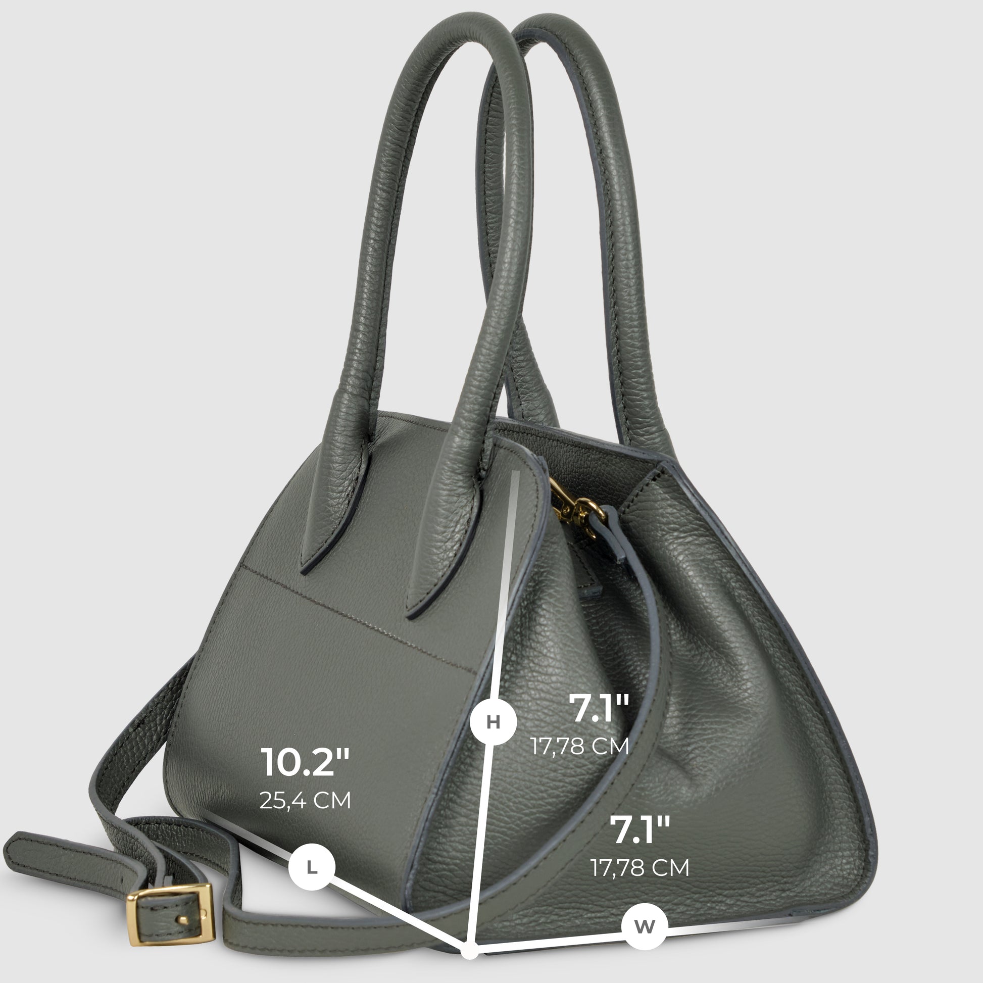 A gray Italian leather handbag handcrafted in Italy, featuring a textured finish, two handles, a shoulder strap, gold hardware, and a zip closure. Dimensions: 10.2" (height), 7.1" (width), 7.1" (length).