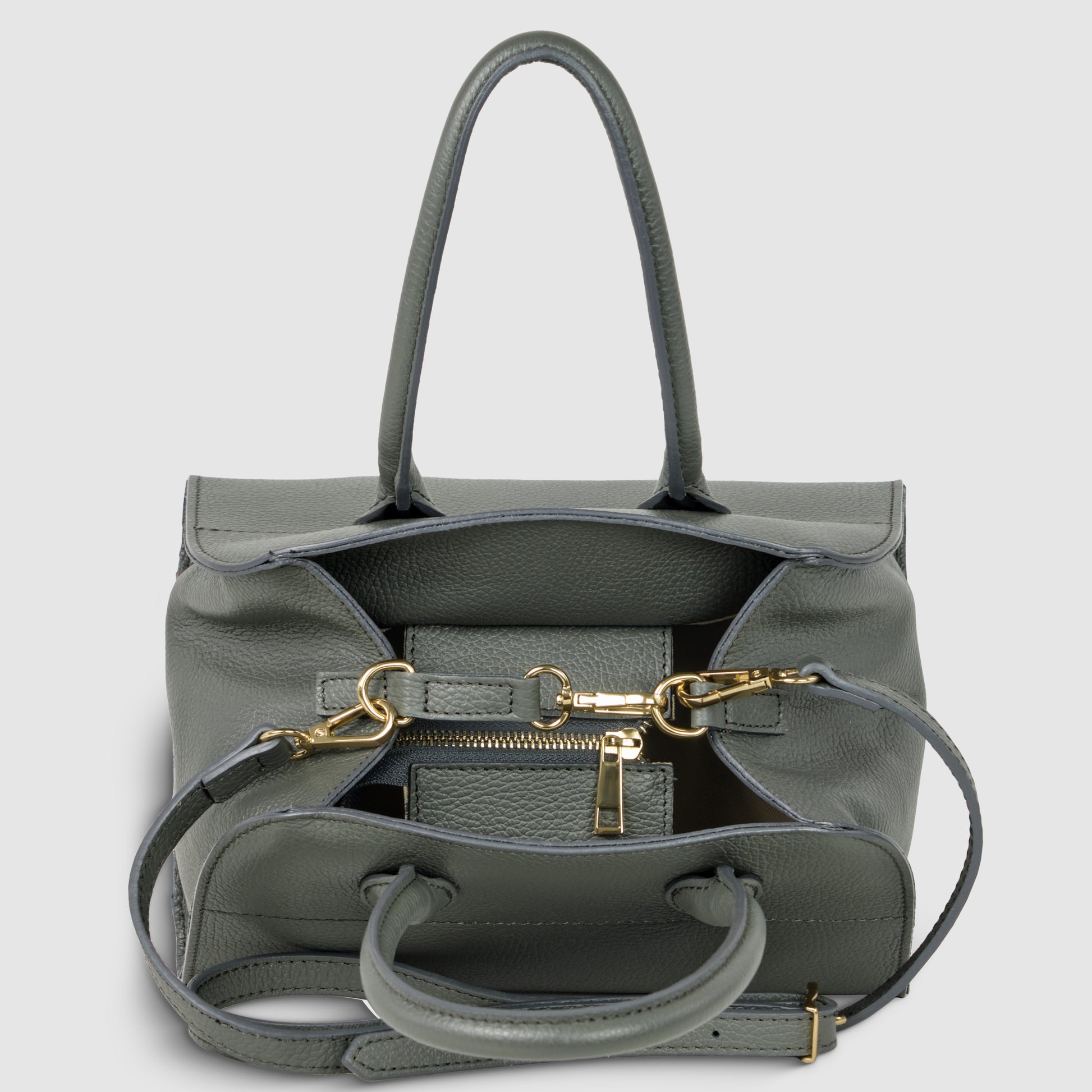 A grey Italian leather handbag with gold hardware, featuring two handles, an adjustable shoulder strap, and a partially open top showing interior pockets and compartments against a plain light background.