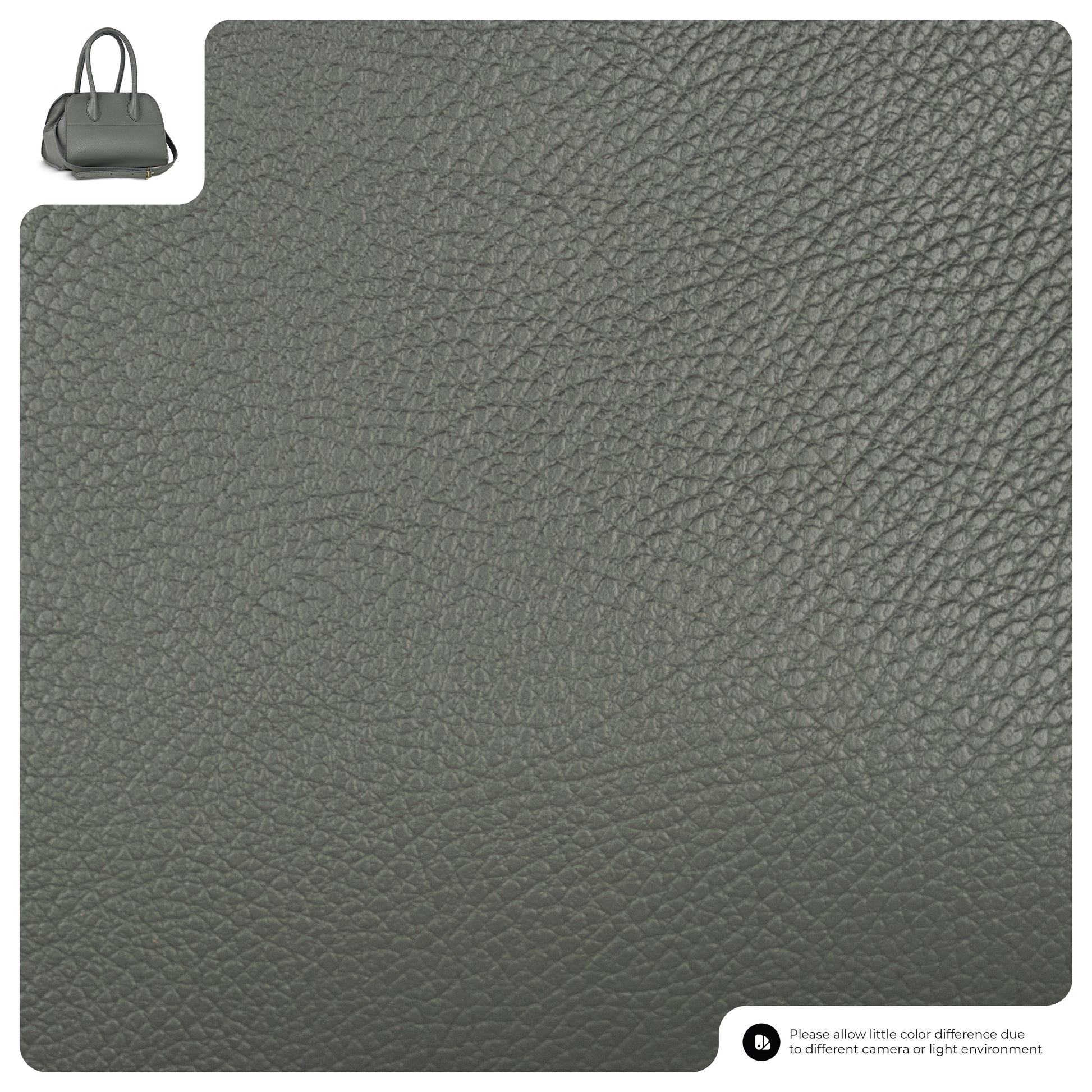 Close-up of grey textured Italian leather handbag material, with a small image of a women’s handbag in the top left corner and a note about possible color differences due to lighting in the bottom right corner.
