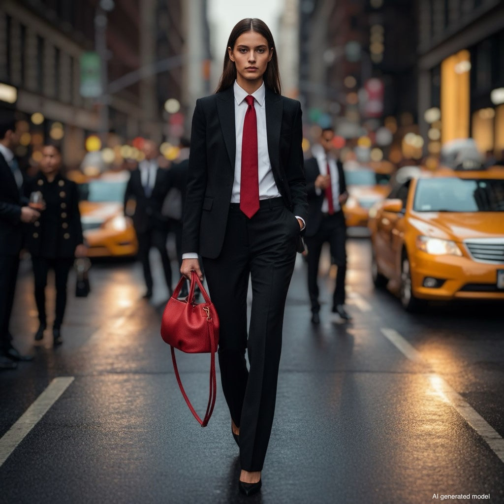 A woman in a black suit and red tie confidently walks down a busy city street with yellow taxis, holding a striking Italian leather handbag in bold red.