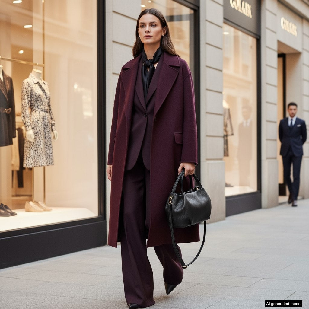 A woman in a burgundy coat and suit walks confidently down a city street, carrying an elegant Italian leather handbag. Storefronts with glass windows and mannequins displaying clothes are visible in the background.