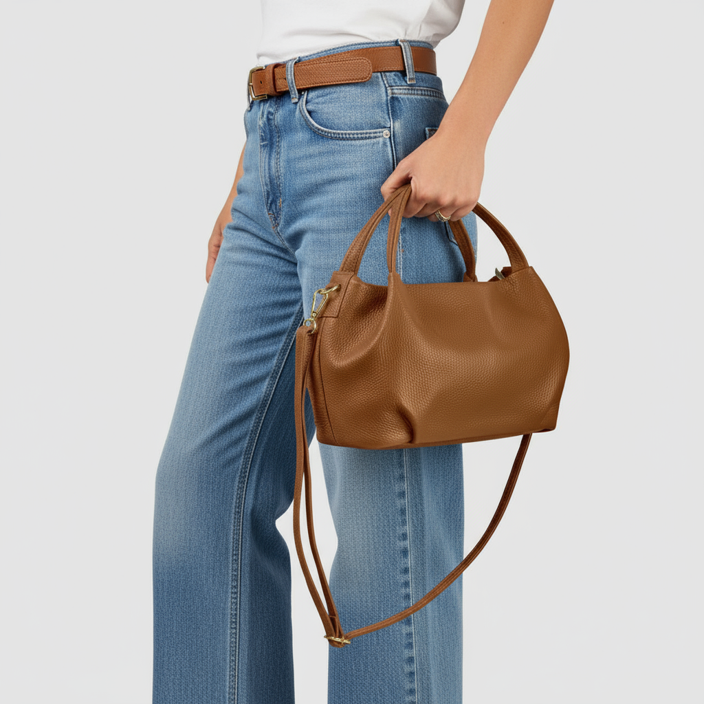 Woman wearing a beige Italian leather handbag – made in Florence, shipped from the US.