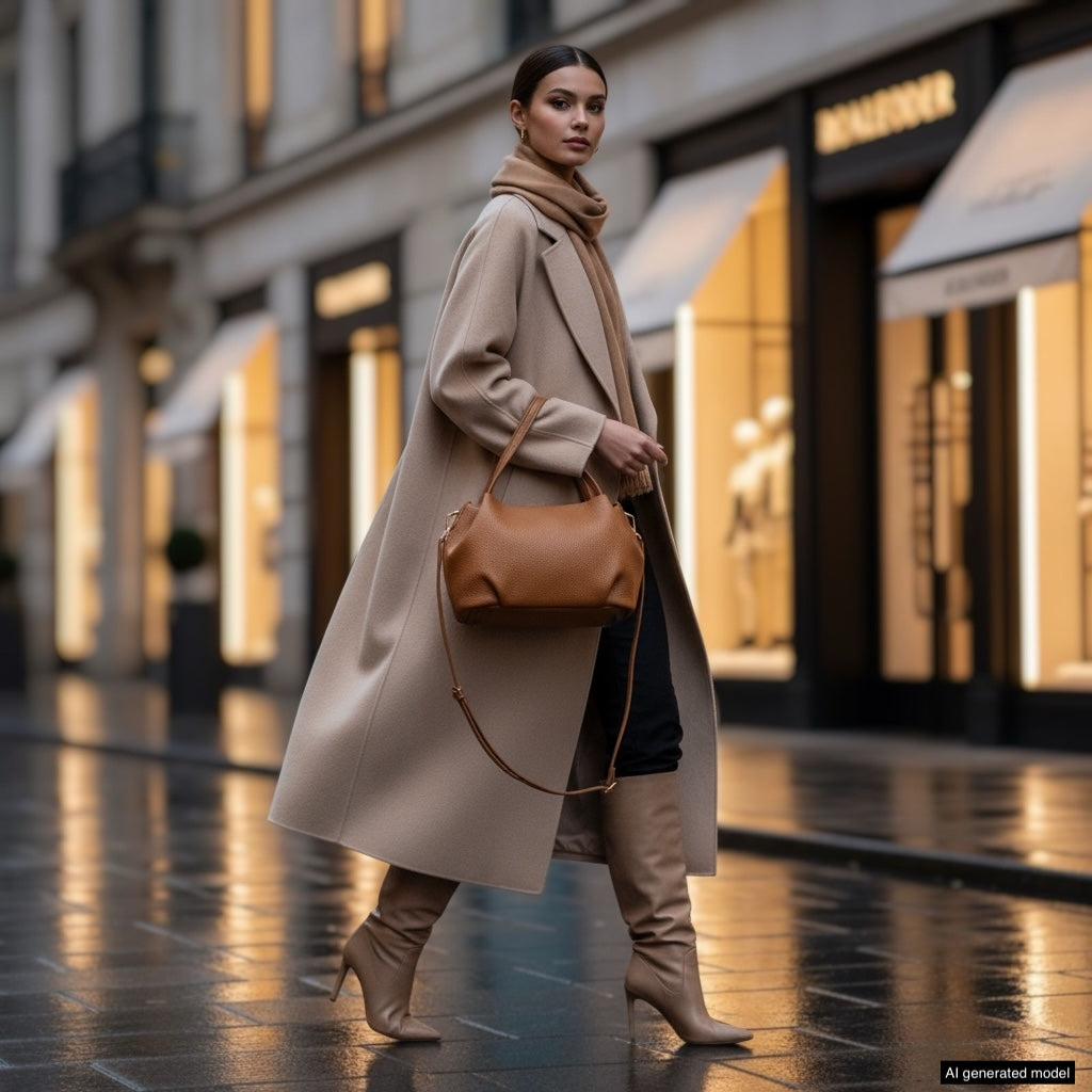 A stylish woman in a long beige coat, tan scarf, and heeled boots walks on a wet city street, carrying an elegant Italian leather handbag. Storefronts with large windows are visible in the background.