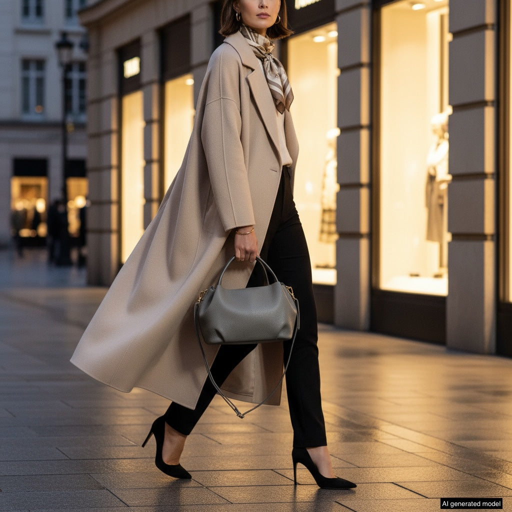 A woman in a long beige coat, black pants, heels, and a scarf carries an elegant Italian leather handbag while walking past upscale shop windows on a city street in the evening.