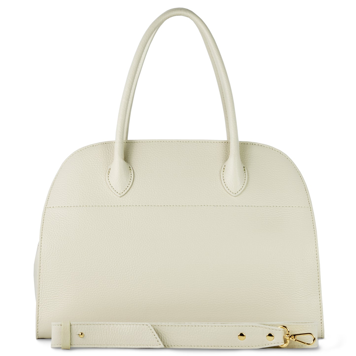 A cream-colored Italian leather bag with two handles, gold-tone hardware, and a detachable strap is placed in front of the bag on a white background.