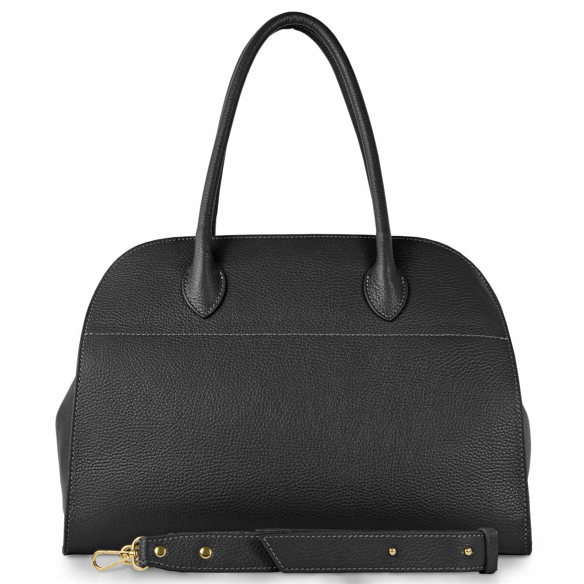 A black bag with two top handles, a detachable shoulder strap, and gold hardware, crafted in Italian leather and displayed on a white background—an elegant showcase of Florentine craftsmanship.